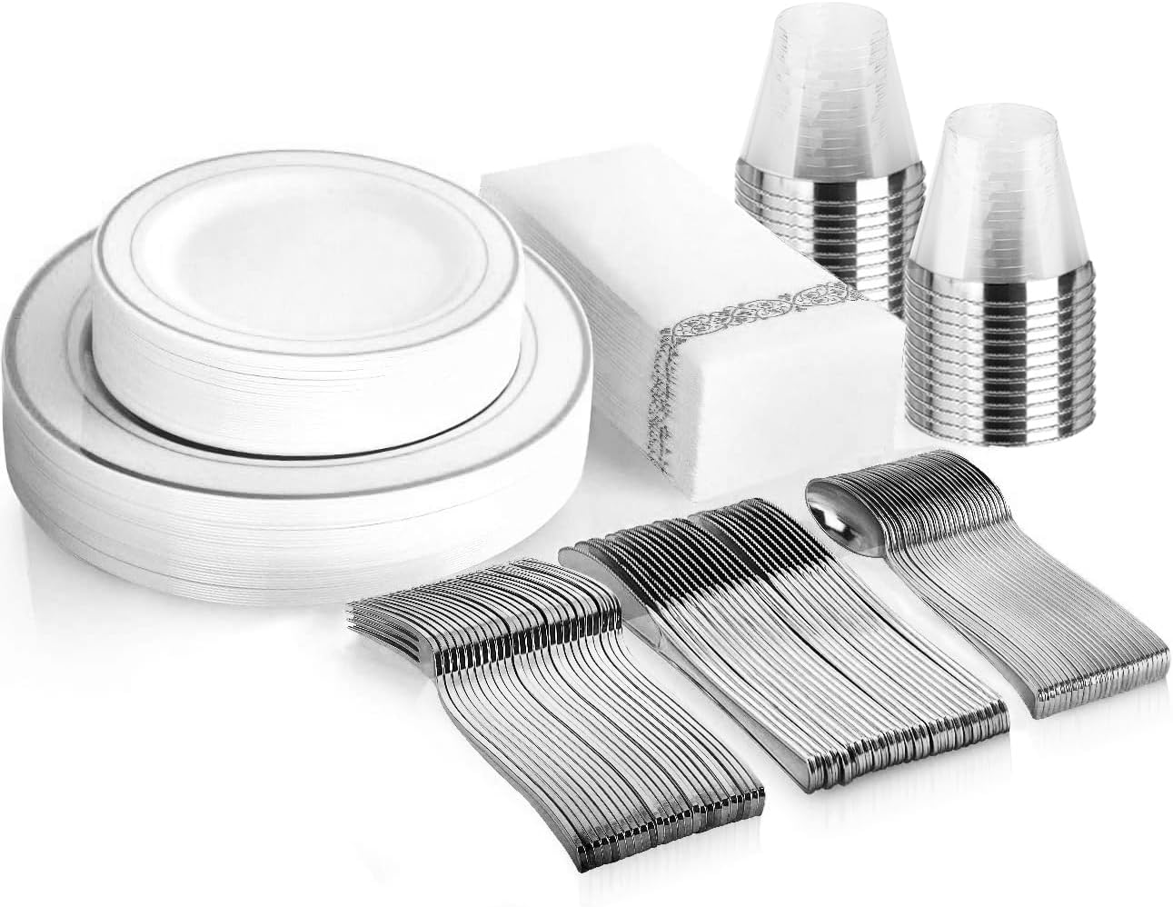 175 Piece Silver Dinnerware Set - 50 Plates - 25 Silverware - 25 Cups - 25 Paper Napkins, 25 Guest Disposable Silver Dinnerware Set