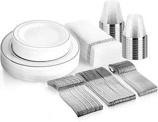 175 Piece Silver Dinnerware Set - 50 Plates - 25 Silverware - 25 Cups - 25 Paper Napkins, 25 Guest Disposable Silver Dinnerware Set