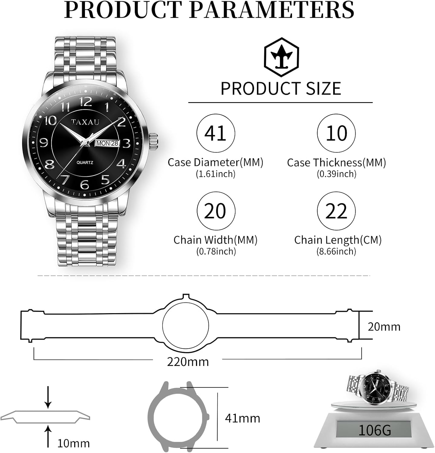 Taxau Watch Men Luxury Classic Fashion Watches for Men Large Face Stainless Steel Waterproof Mens Watches Simple Minimalist Easy Read Analog Quartz Fancy Dress Day Date Watch Relojes para Hombres