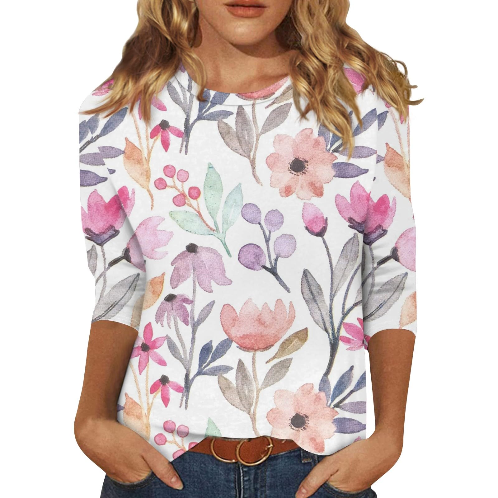 UDAUDU 3/4 Length Sleeve Womens Tops Spring Summer Clothes Crew Neck Floral Print Shirts Loose Fit Womens Blouses S-3XL