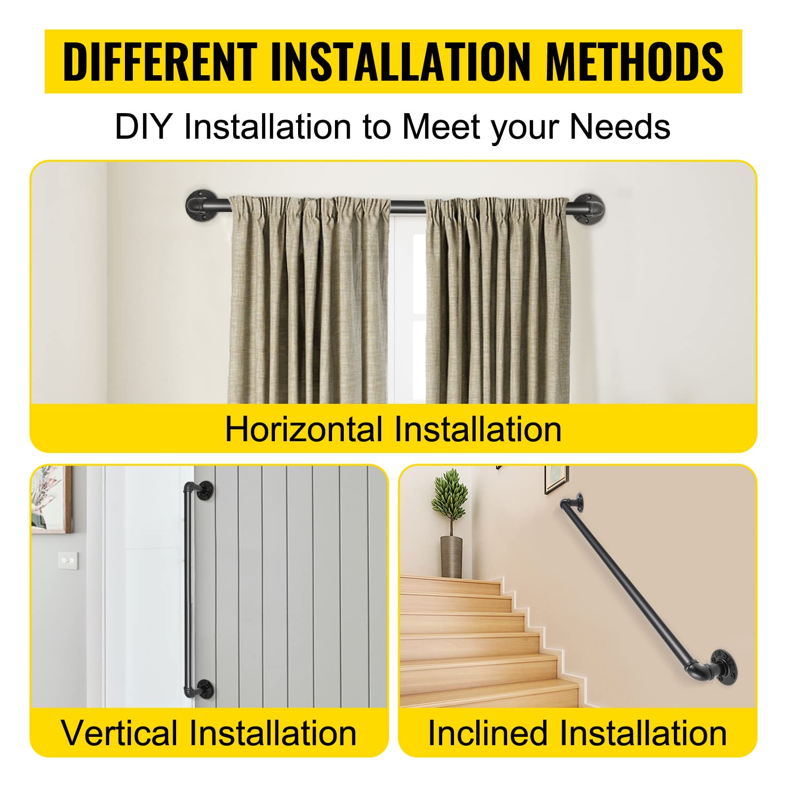 VEVOR Pipe Stair Handrail, 3FT Staircase Handrail, 440LBS Load Capacity Carbon Steel Pipe Handrail, Industrial Pipe Handrail with Wall Mount Support, Round Corner Wall Handrailings for Indoor, Outdoor