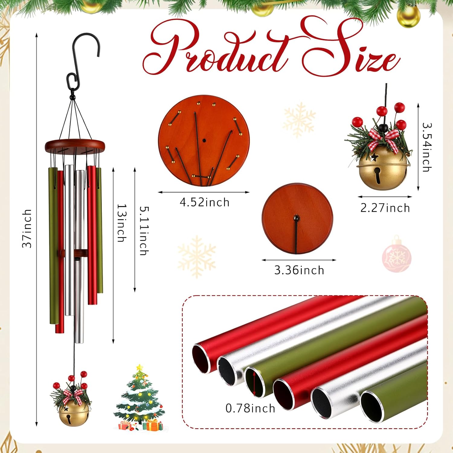 Roowest Christmas Large Aluminium Wind Chimes with Bell for Outdoor 37" Red Green and White Deep Tone Soothing Melodic Tones Wind Chimes for Outside Garden Patio Decor Gift for Mom Women Neighbors