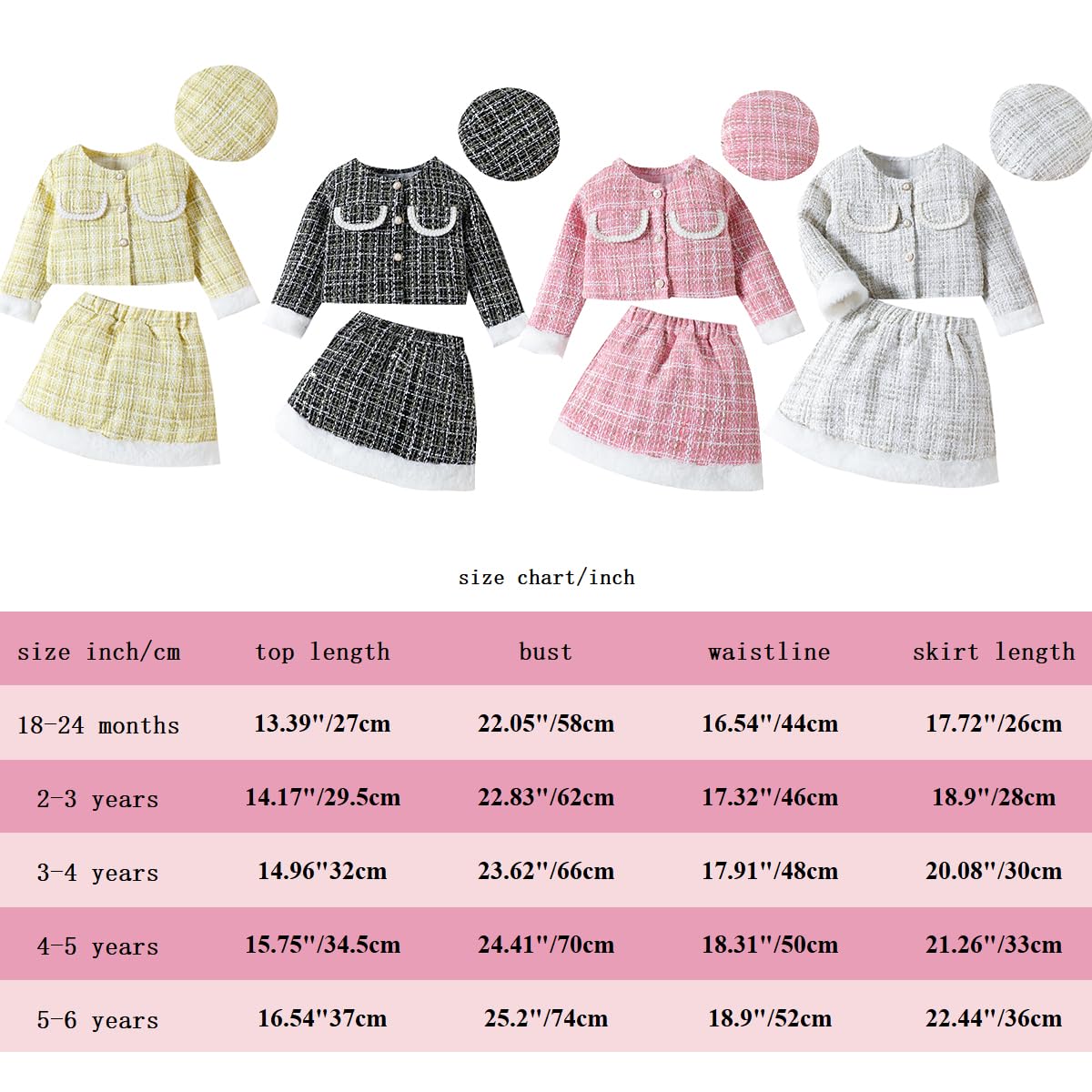 Kleinkind Baby Mädchen Herbstkleidung Plaid Tweed Muster Tops Plaid Rock Baskenmütze Baby Outfits Sets