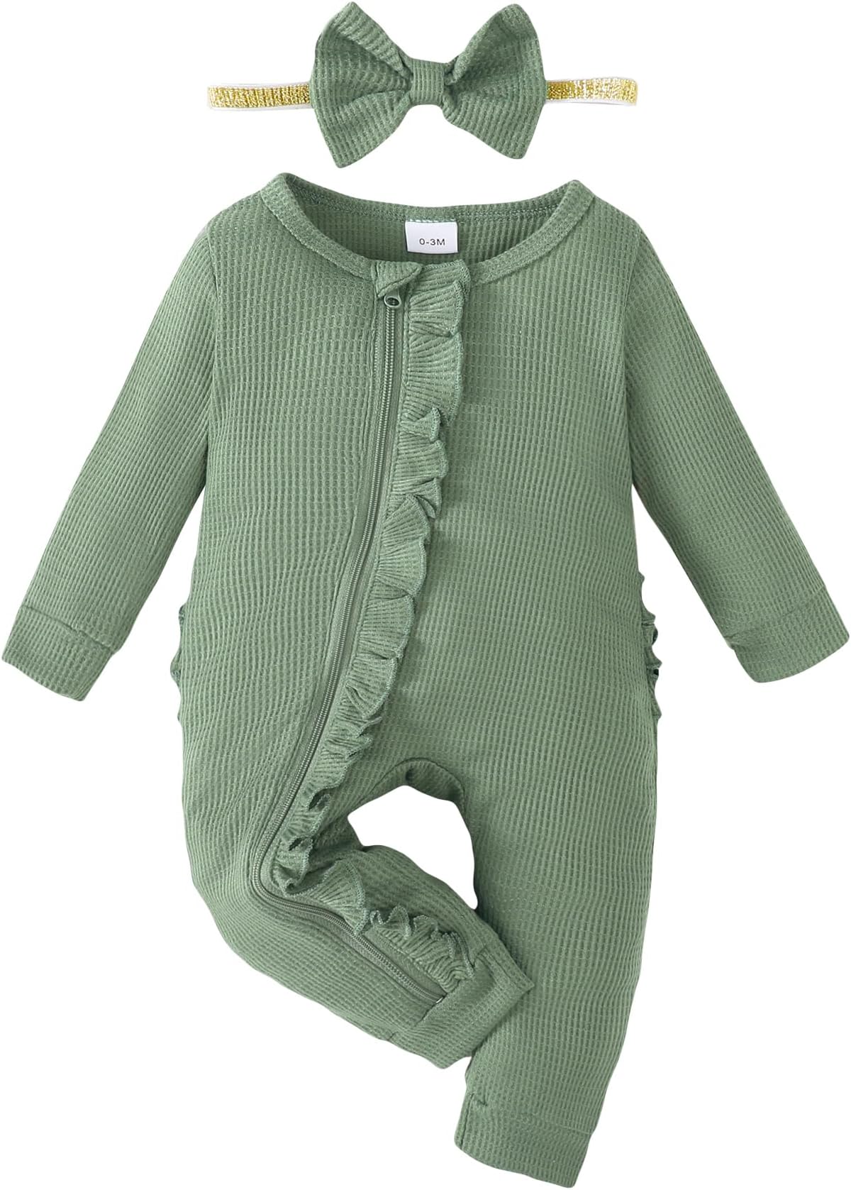 MikrdooNewborn Infant Baby Girl Clothes Fall/Winter Outfits One-Piece Long Sleeve Zipper Rompers with Headband for 0-18M