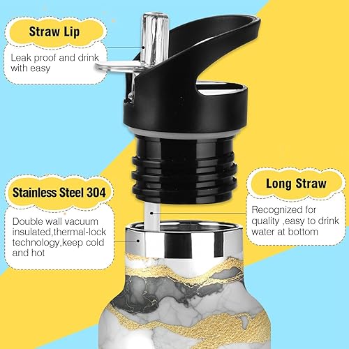 Miniatura 3 de Botella de agua para niños con popote de 20 onzas, botella de agua de acero inoxidable para viajes o escuela, sin BPA, mármol blanco y negro