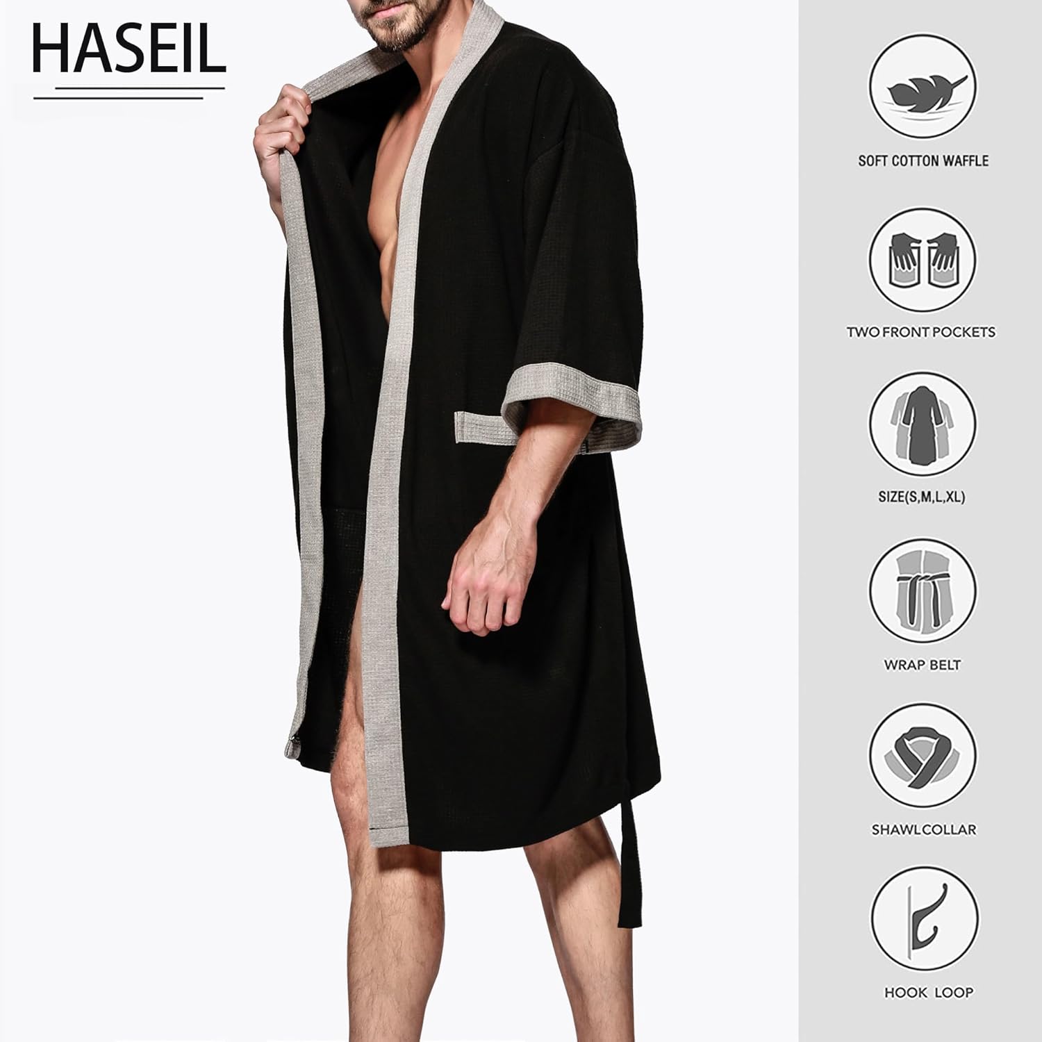 Haseil Men's Turkish Cotton Bathrobe Waffle Kimono Terry Cloth Hotel Spa Robes - Image 5