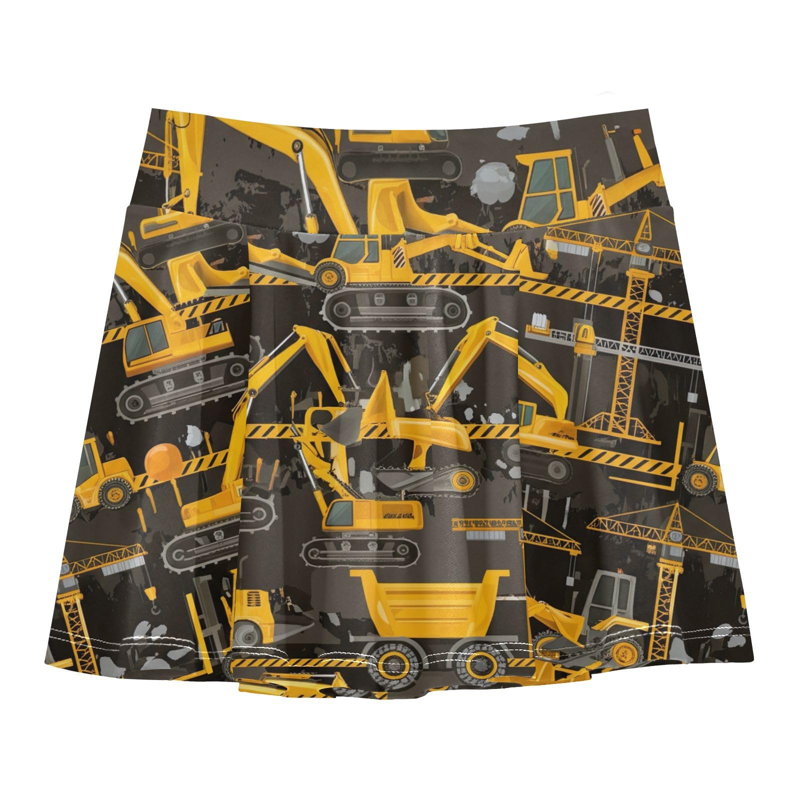 CHIFIGNO Little Girls Skorts 2-in-1 Tennis Skirts with Shorts High Waisted Athletic Dance Skort Cute Construction Vehicles Yellow Size 9-10