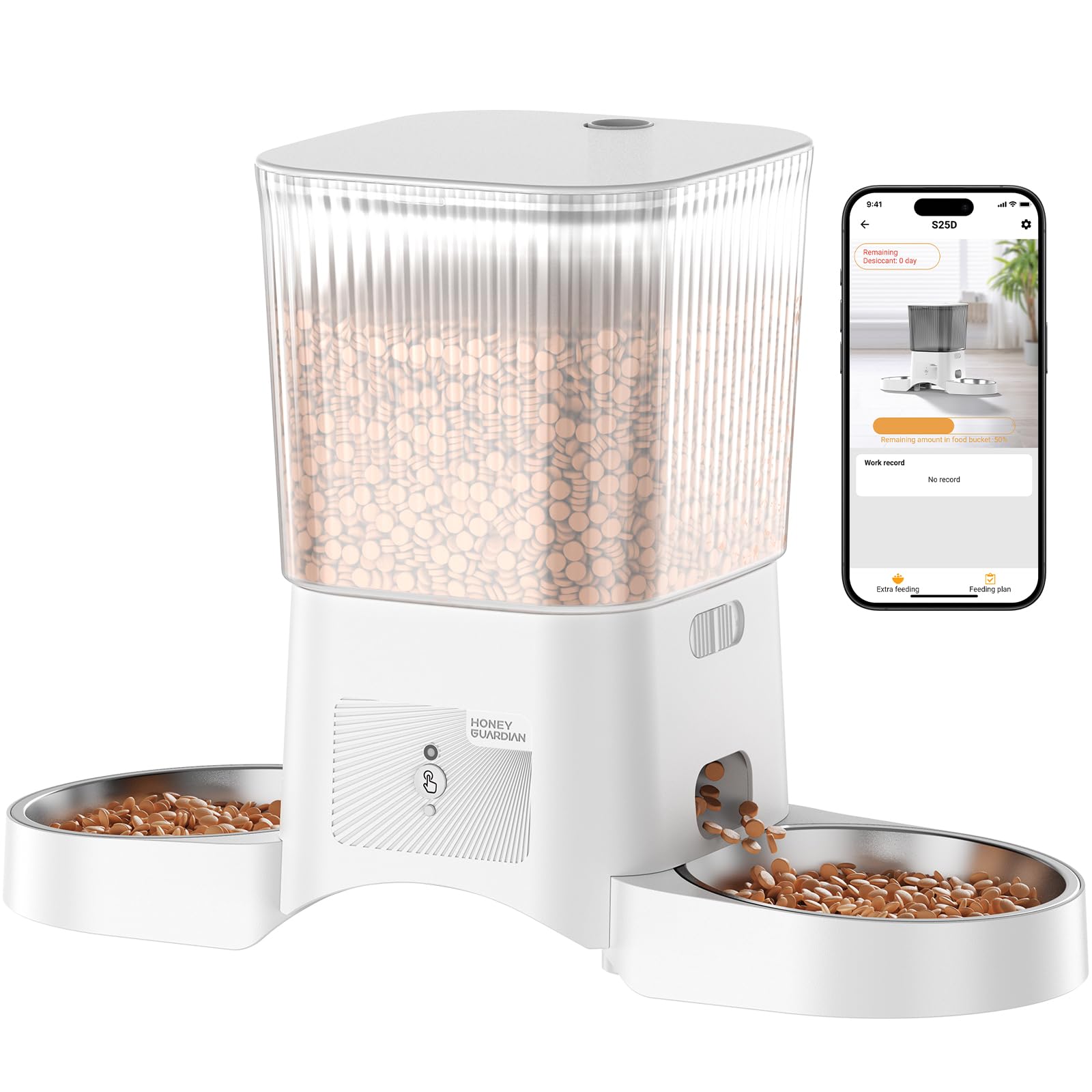 HoneyGuaridan Automatic Cat Feeder with 5G/2.4G WiFi,3.5L Programmable Automatic Feeder 2 Cats,APP Control Cat Food Dispenser,10s Accompanying Recording,Dual Power Supply,Four Anti-Slip Feet