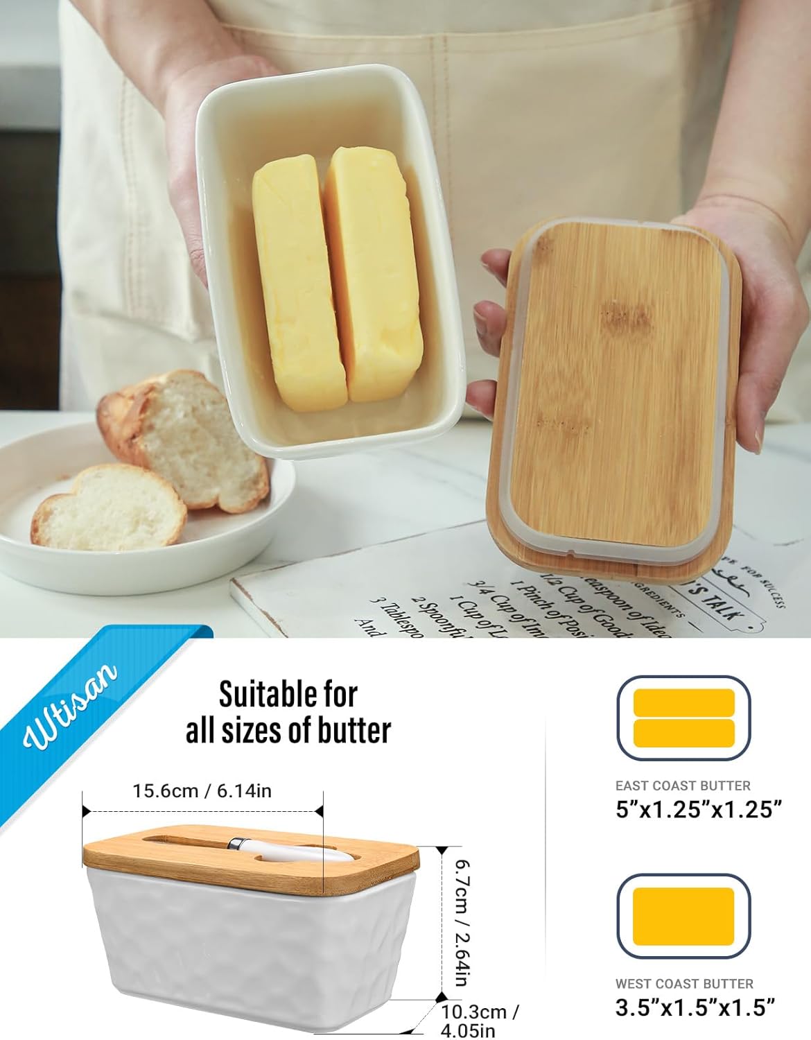 Ceramic Butter Dish with Lid and Knife for Countertop Stone Pattern White