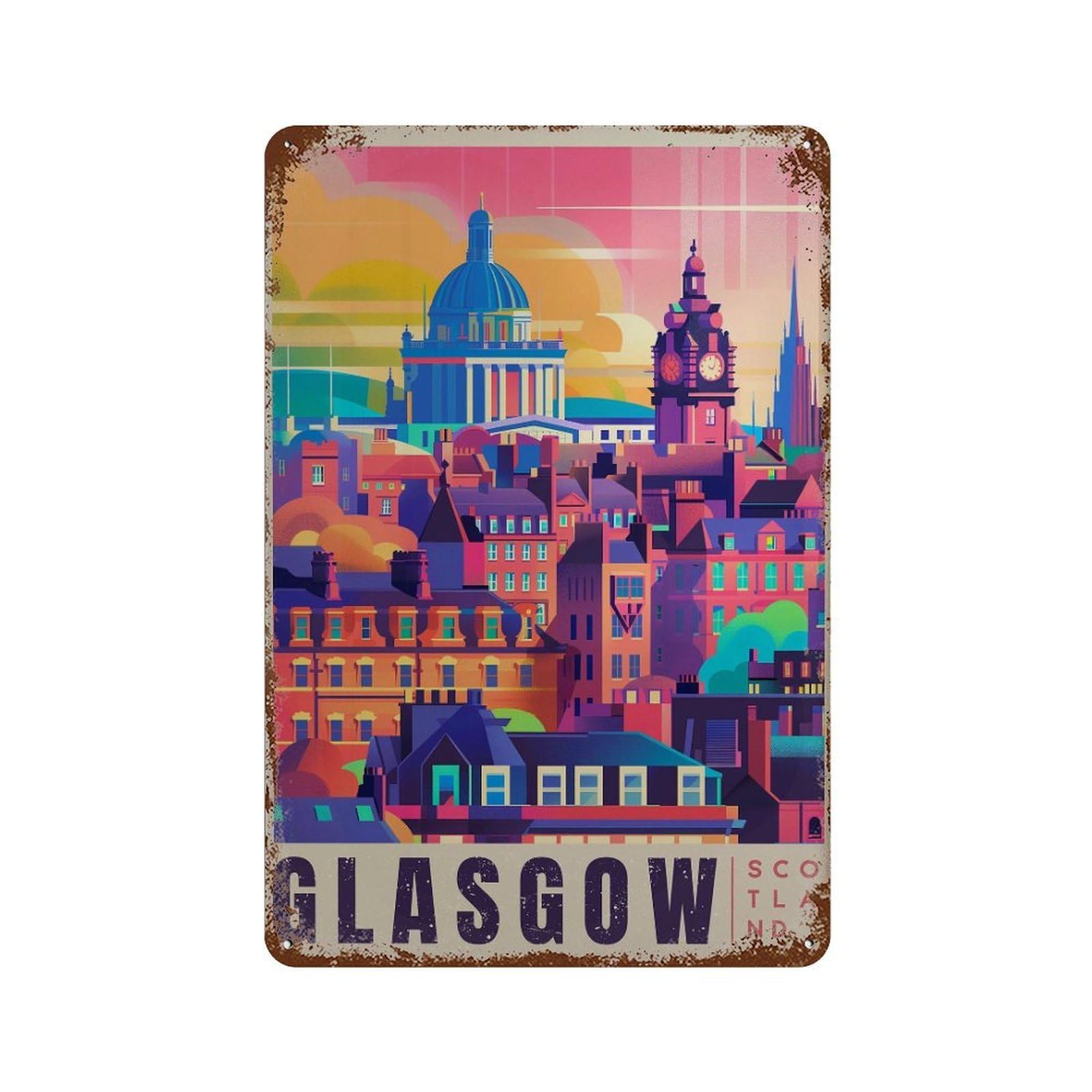 xiaoxiaoshen Glasgow Scotland Travel Vibrant Cityscape Wall Decor Art Metal Tin Poster Modern Home Decor Art Home Bar Shop Decorations Vintage Sign 30x20cm