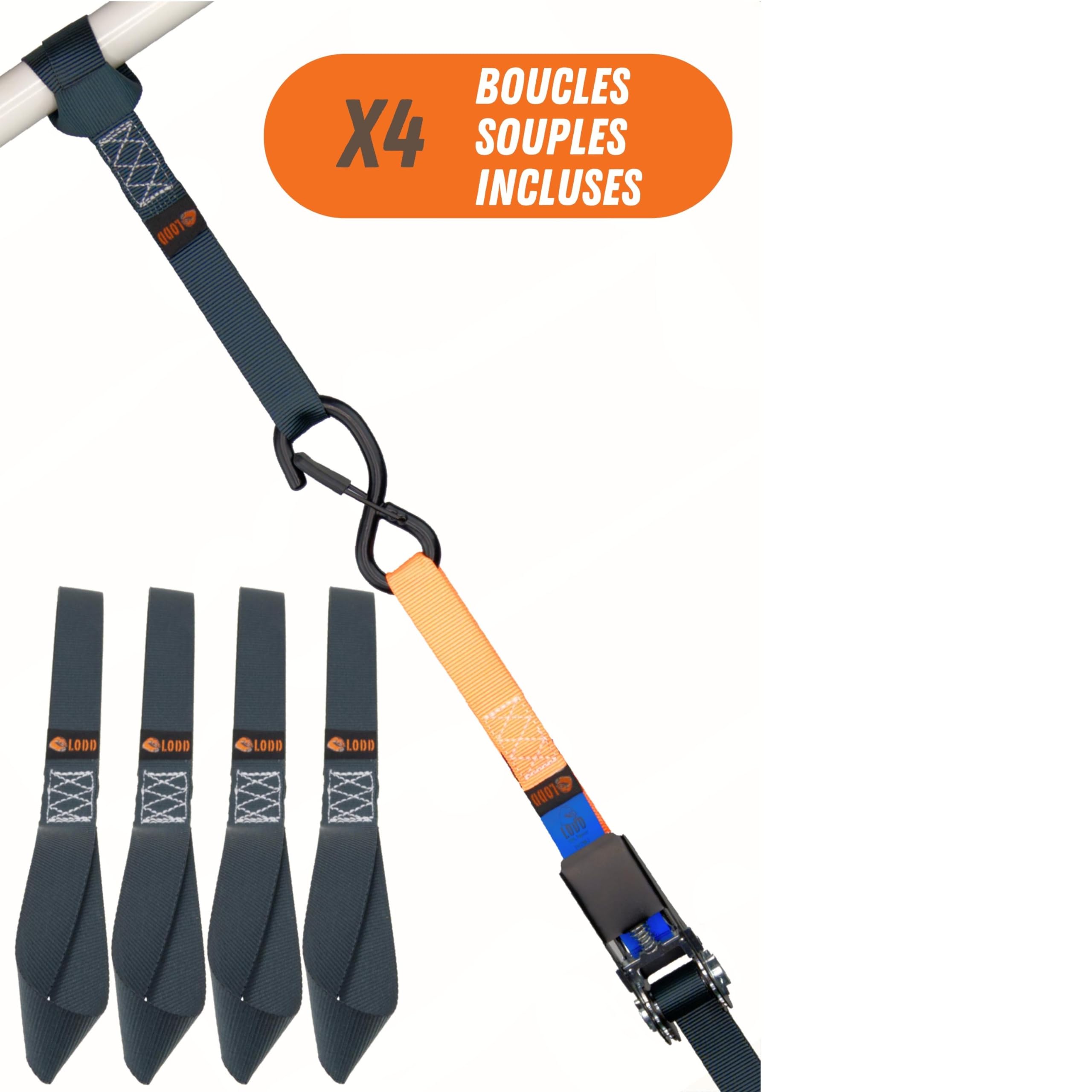 LODD - 4 Sangles à Cliquet 4m x 25mm - Résistance 800kg - Crochets Sécurisés Plastifiés et 4 Boucles Souples - Conforme en 12195-2 - Idéal Transport de Bagages, Meubles, Remorque, Scooter, Vélo