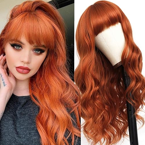 Fugady Pelucas onduladas con flequillo, color rojo y naranja, pelucas para mujeres, sin pegamento, sueltas, rizadas, de fibra sintética, hechas a