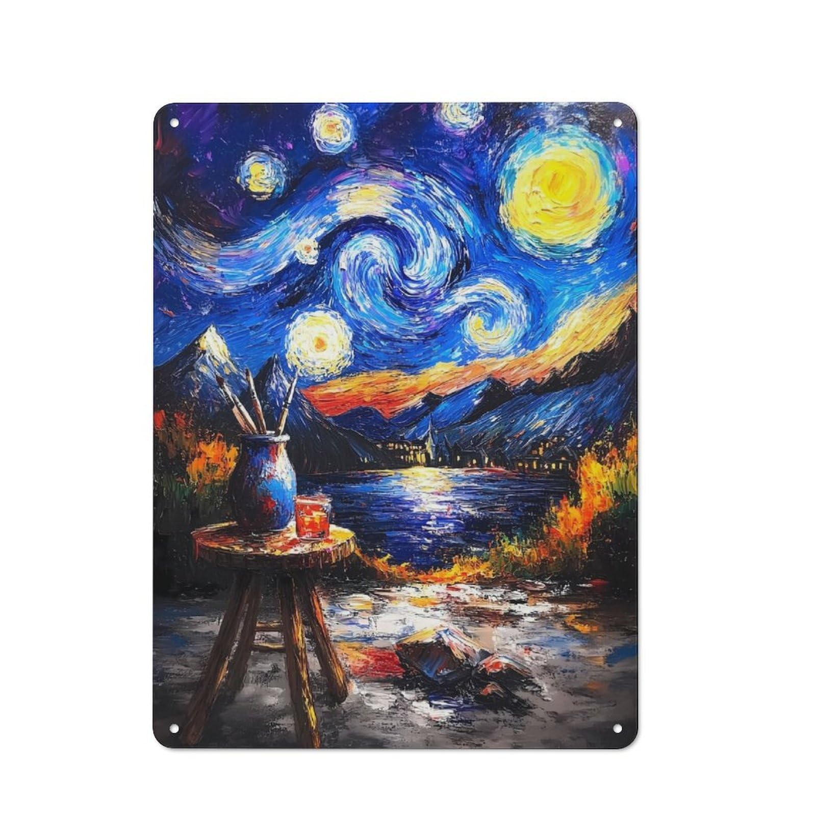 Junmoney Starry Night Landscape 40X30cm Retro Tin Wall Plaque With For Pub Or Café, A Winter Wall Decor Update For Café Interior Fans