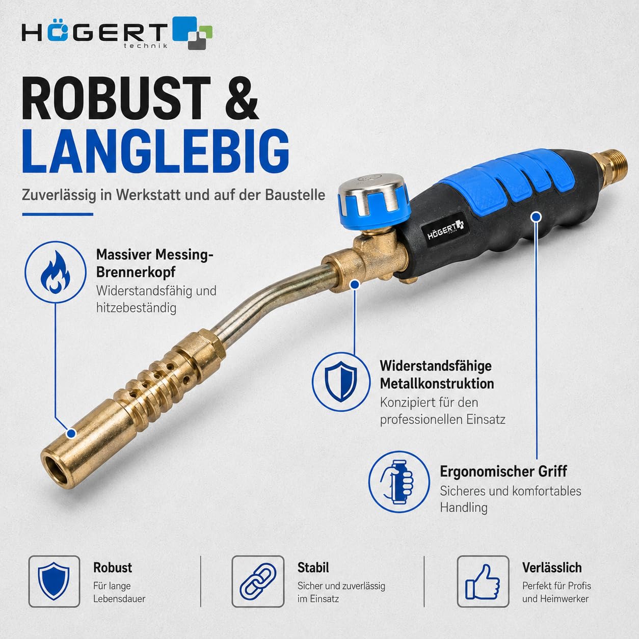 Högert Technik Gasbrenner Set HT2C511, Lötbrenner mit 2 kW Leistung, 1850C Flammentemperatur, inkl. 1,5m Schlauch und Schlüssel, für Löten und Abflammen