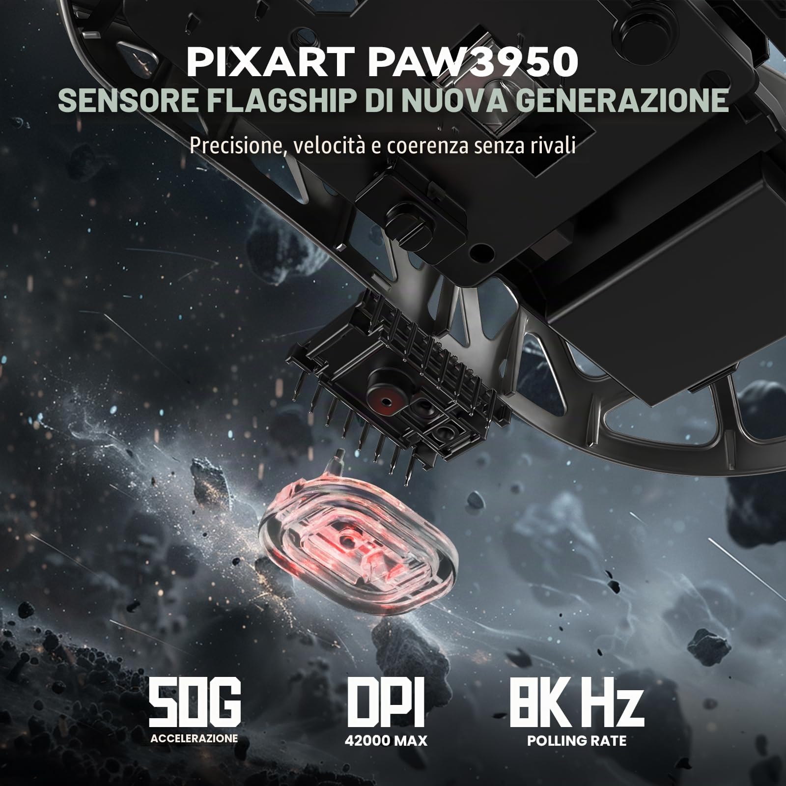 ATTACK SHARK R2PRO 45g SUPERLIGHT Gaming Mouse in Lega di Magnesio, PixArt PAW3950, 42000DPI, Wireless 8000Hz Tasso di Polling, G502 Mouse da Gioco, 2.4G/BT/Cablato, con Cavo a Spirale, PC/Mac, Grigio