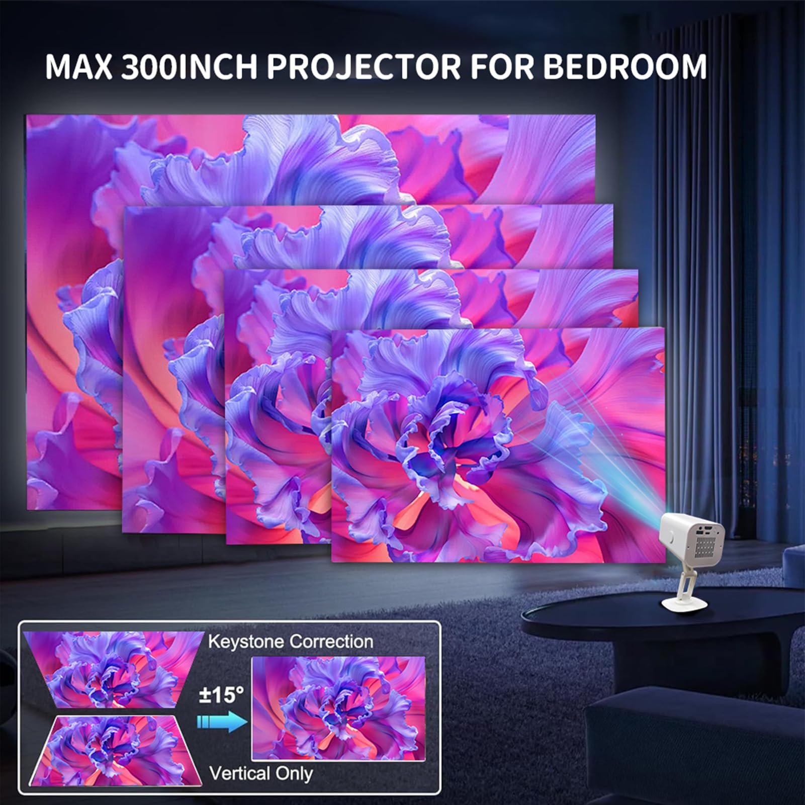 Mini Projecteur avec WiFi et Bluetooth, Projecteur de Film Portable 1080p avec Correction de Keystone Auto, Support USB, Bâton de Télévision, Téléphone (White)