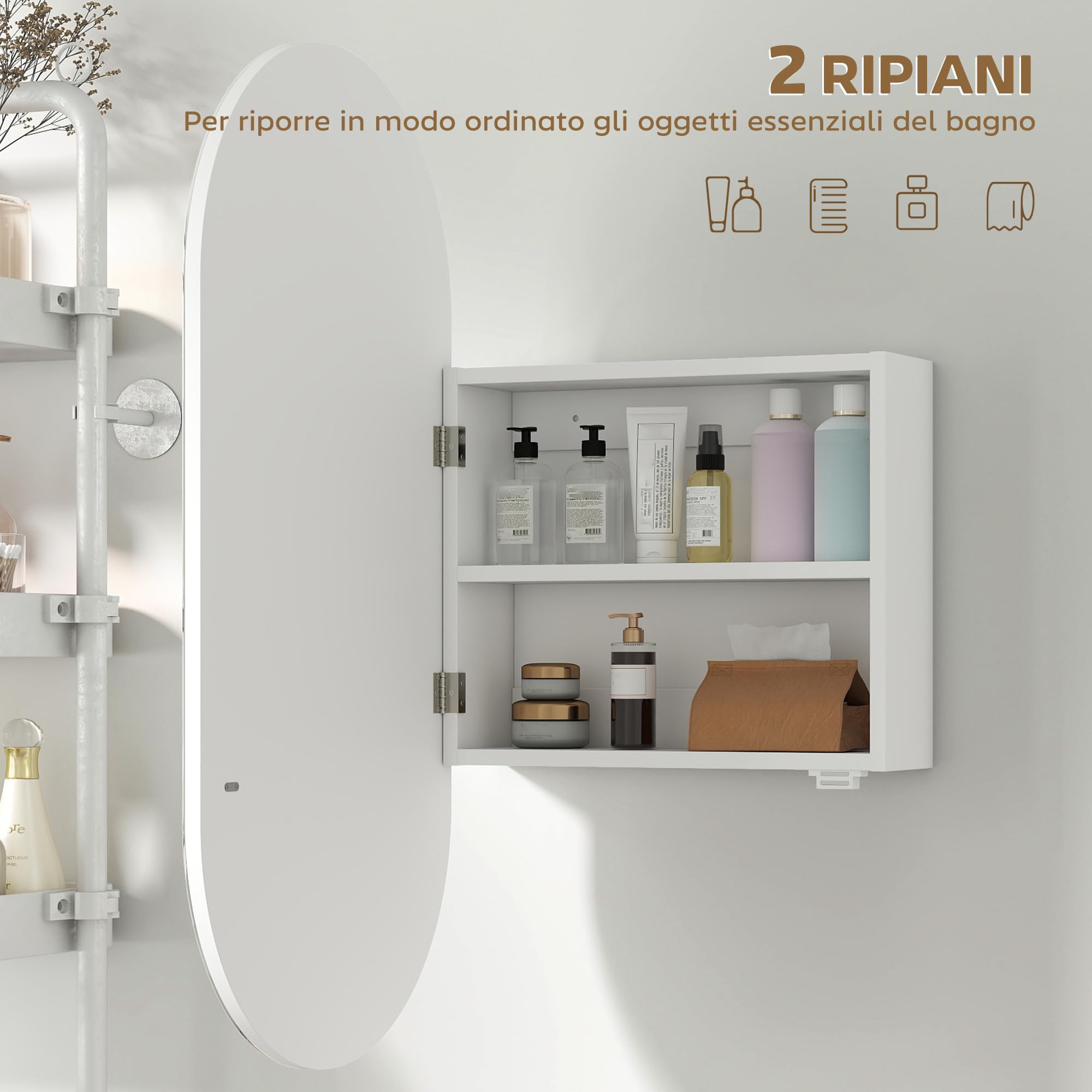 HOMCOM Specchiera Bagno Ovale con Armadietto, Specchio Contenitore Bagno Moderna a Parete con Due Ripiani Salvaspazio, 45x90 cm, Bianco