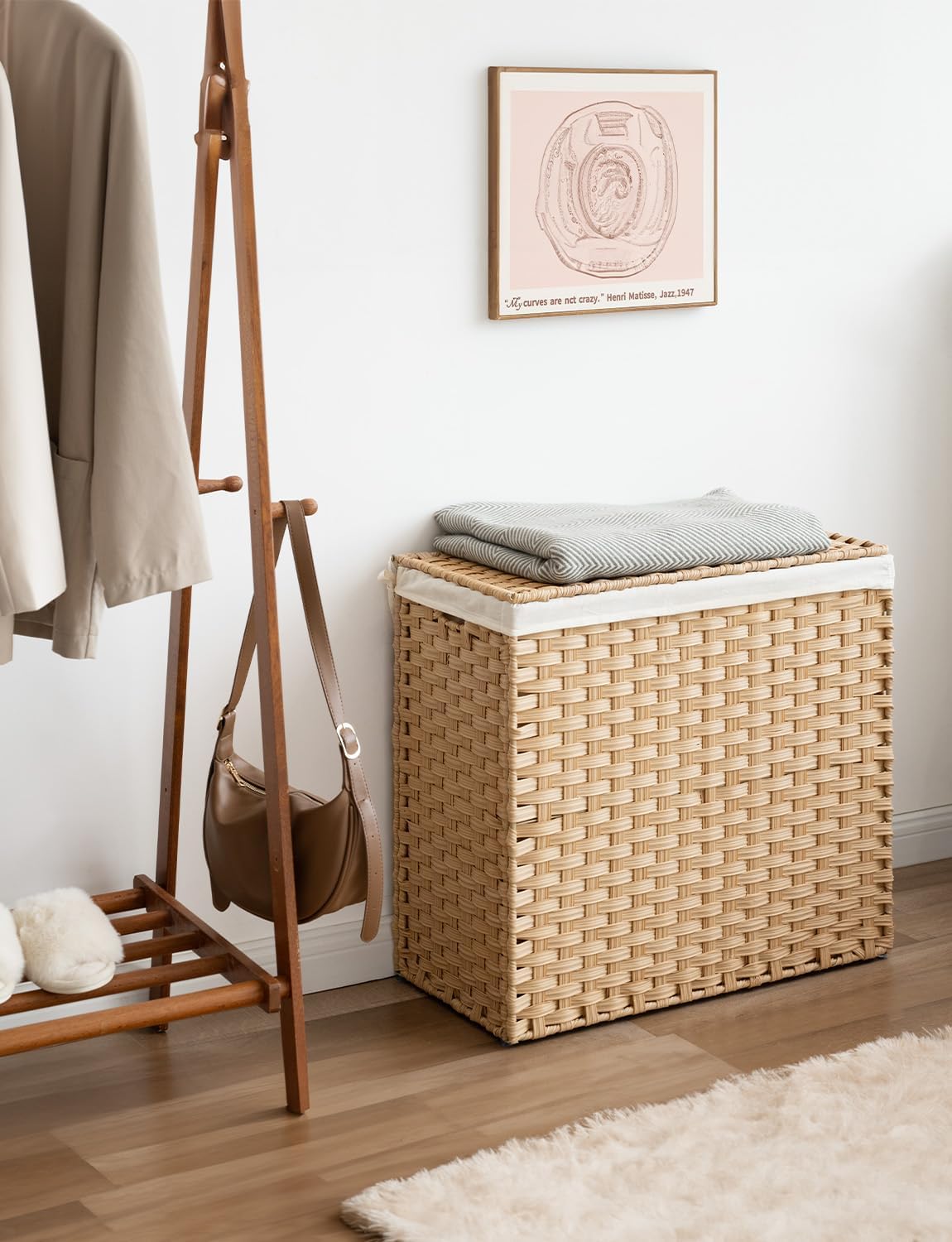 StorageWorks 130L Wicker Laundry Hamper with Lid, 2 Section Wicker Laundry Basket, Large Basket for Dirty Clothes, Hamper with Washable Linen Liner