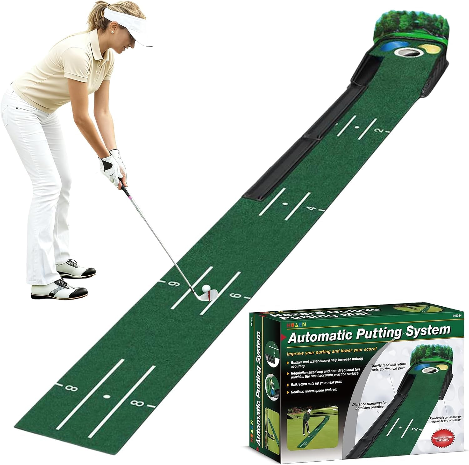 Portable Golf Putting Mat with Auto Ball Return and Putting Mirror, Indoor Outdoor Practice Green for Home Office Training, for Men Golf Players