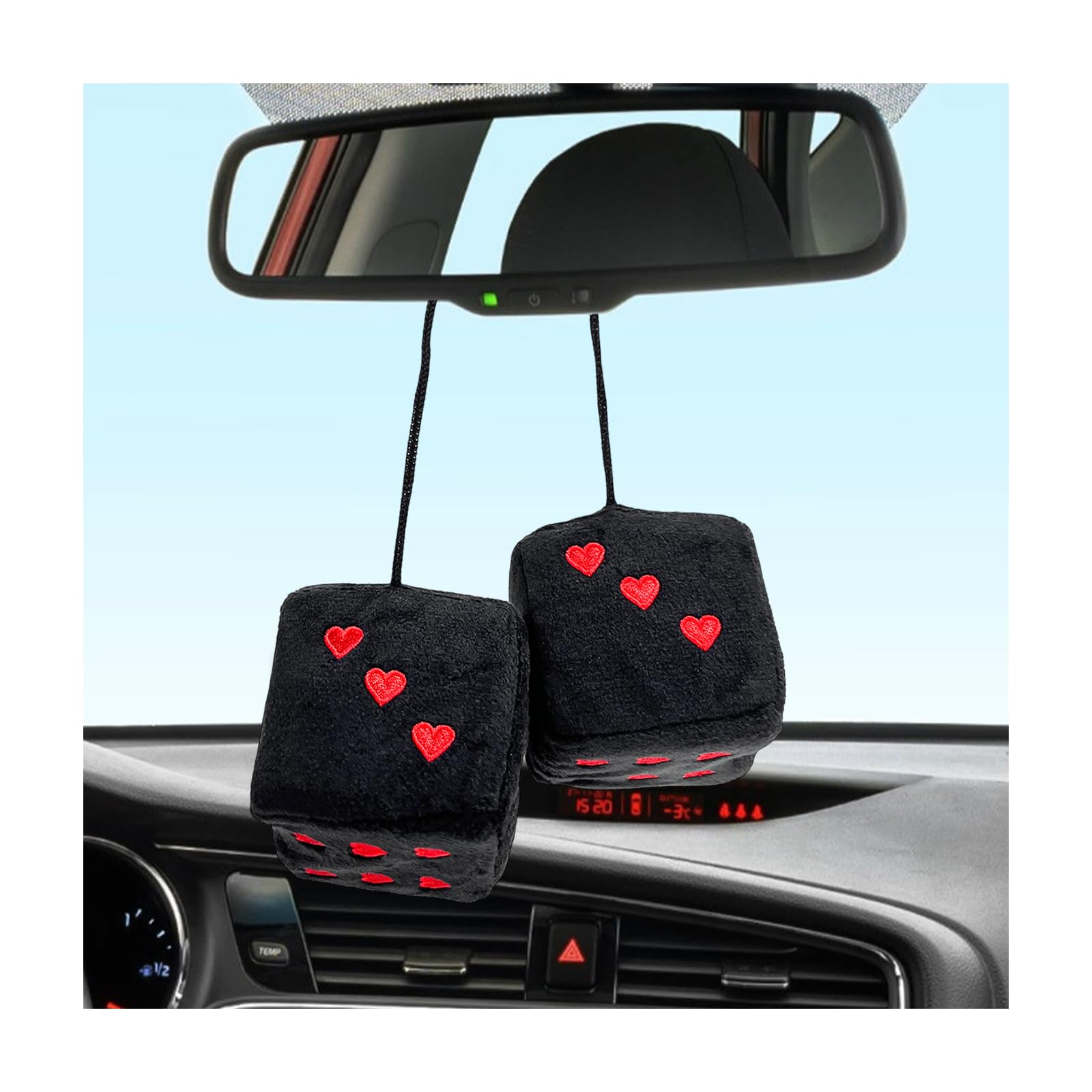 Yourkar 2 PCS Fuzzy Plush Dice for Car Rearview Mirror, 3'' Retro Square Heart-Shape Dice Mirror Hanging Ornament, Universal Interior Hanging Dice
