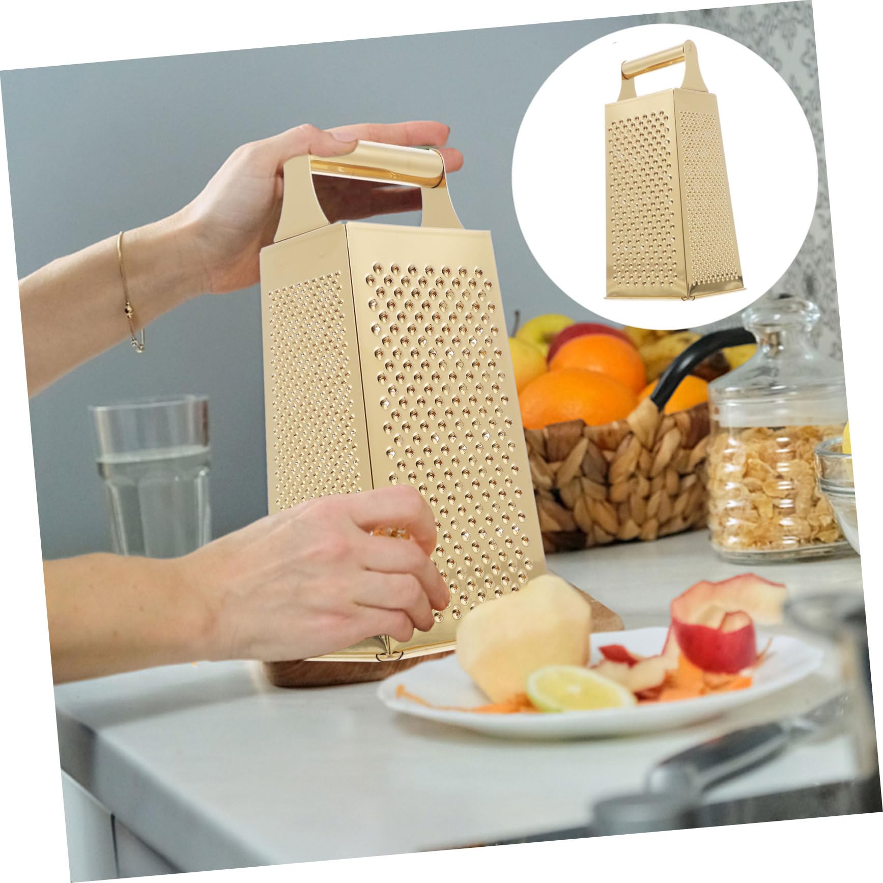 Rallador De Caja De 4 Lados Acero Inoxidable Dorado, Cortador y Rebanador De Verduras y Patatas, Material Seguro Para Uso Doméstico, Práctico Para Cocina y Procesamiento De Frutas