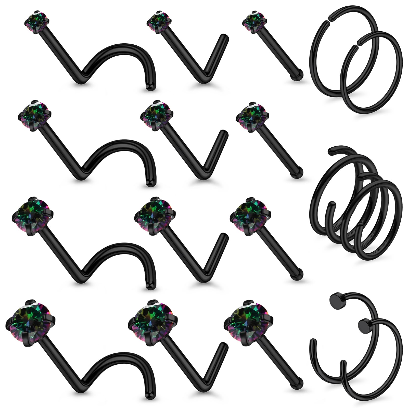 24G 22G 20G Nose Rings Studs for Women Stainless Surgical Steel Corkscrew Straight L Shaped Double Nose Ring Hoop Nostril Piercing Jewelry for Women Men Hypoallergenic CZ Silver Gold Black