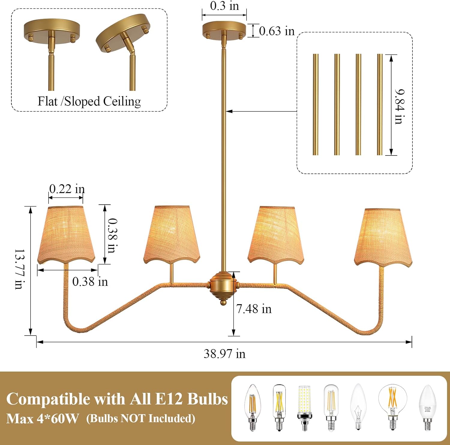 39" W Coastal Boho Rustic Rattan Chandelier, 4 - Light Gold Linear Pendant Light Fixture, Farmhouse Lighting for Kitchen Island, Dining Room Over Table Compatible with E12 Bulbs(Not Included)