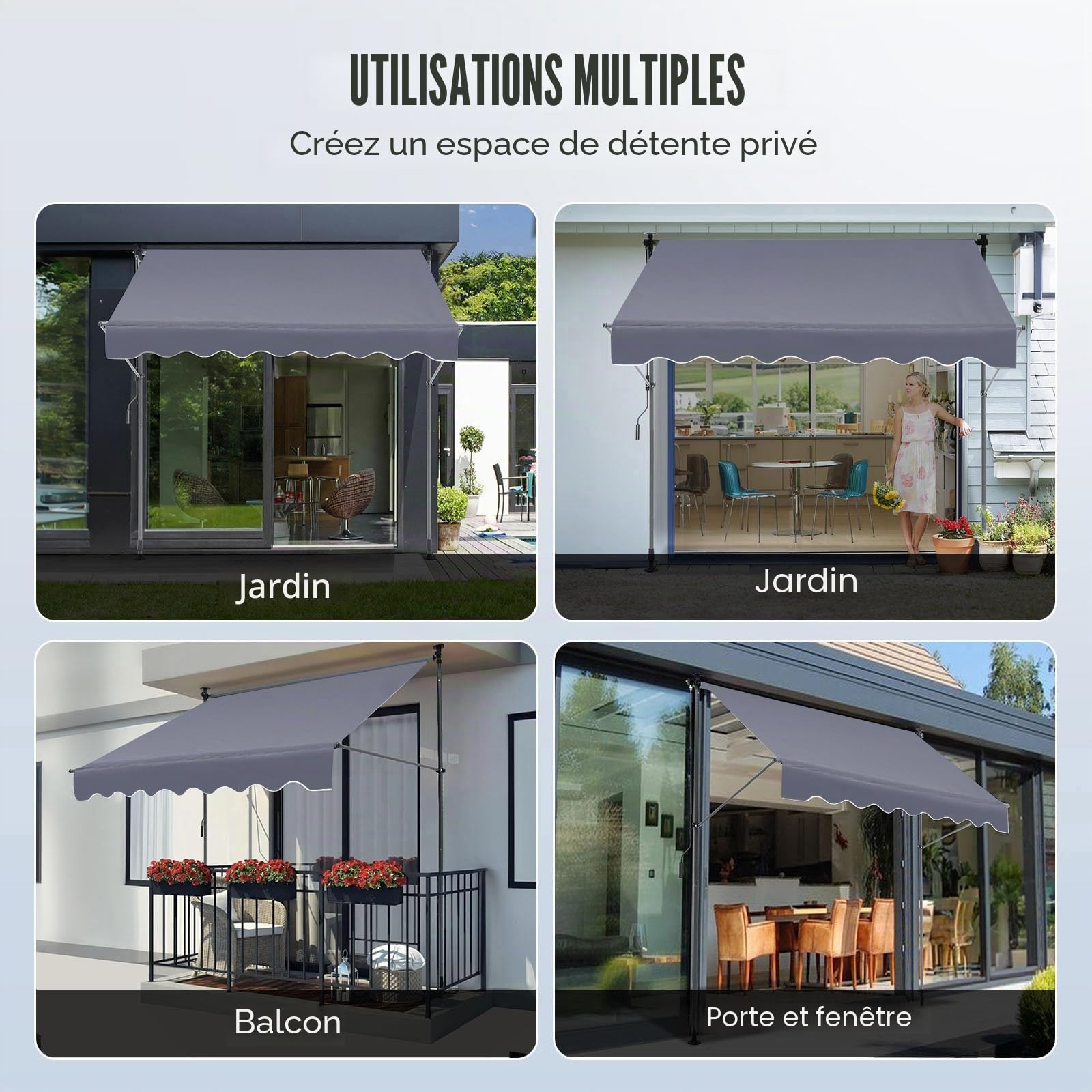 VEVOR Auvent Rétractable 3 x 1,2 m Store Banne Manuel Terrasse Extérieur Hauteur Réglable Résistant au Vent/UV Auvent avec Rideau Pare-Soleil 1 m et Manivelle pour Patio, Arrière-Cour, Jardin, Balcon