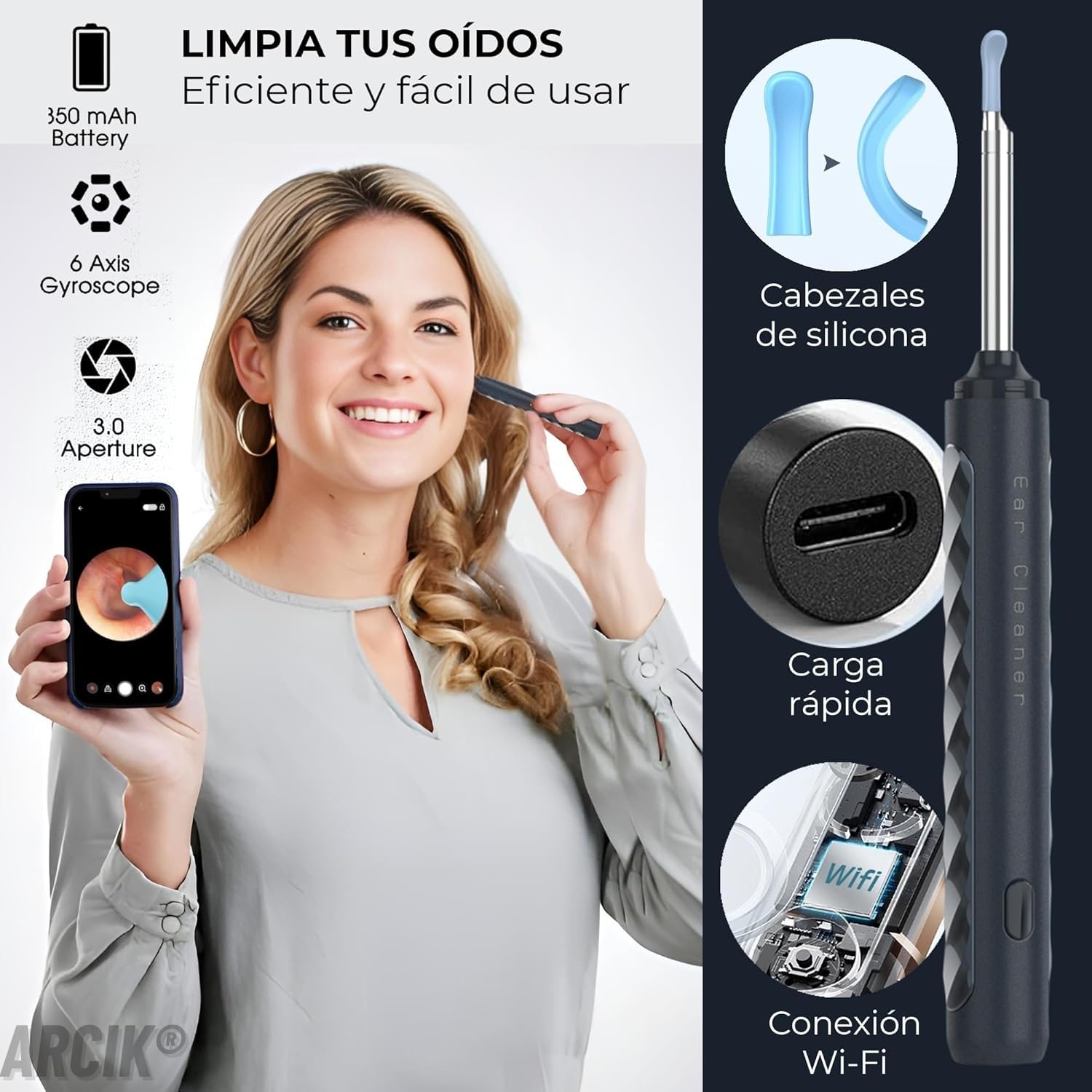 Otoscopio Limpiador Oidos Adultos - Otoscopio Limpiador de Oidos Cera con Camara HD - Ear Cleaner con 6 Puntas de Silicona y 7 Accesorios - Compatible Android e iOS, color Azul/Blanco (Blanco)