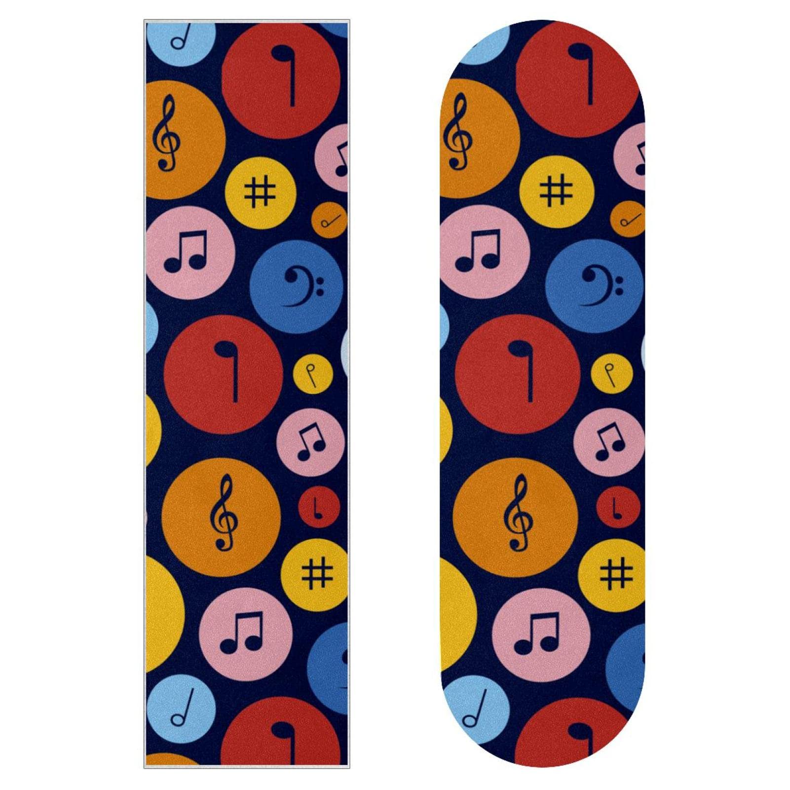 Lot de 2 feuilles de papier de verre avec motif notes de musique colorées pour planche à roulettes, planche de longboard, scooter, papier de verre