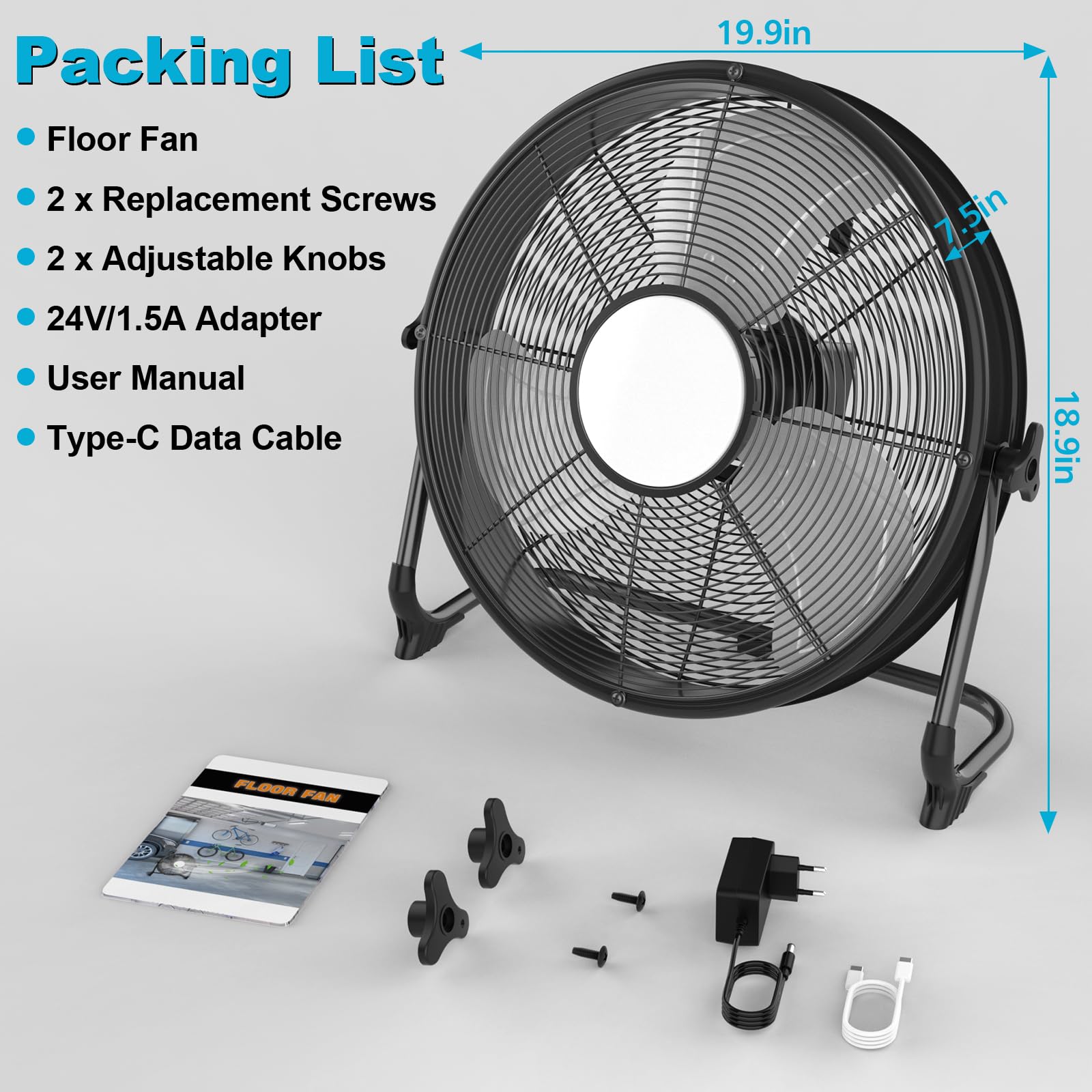 T-SUN 40CM Ventilador de Suelo Industrial compatible con Batería Ma-kita/Adaptador de CA Ventilador de pie Portatil con 1450LM Luz LED, Regulación Continua de la Velocidad para Camping(Sin Batería)