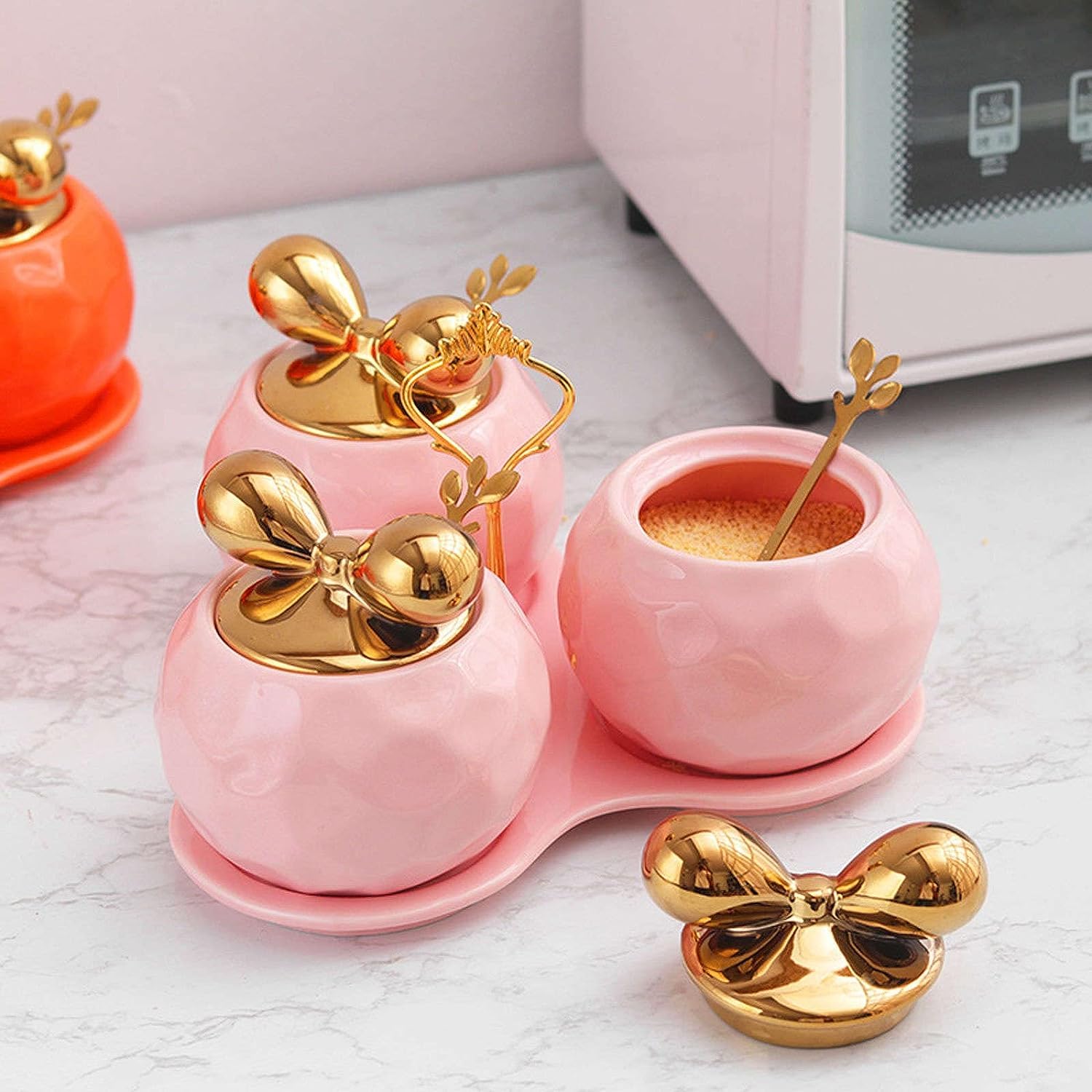 SAeWare Tarro de condimentos, contenedor de especias de cerámica con tapas de cucharas y bandeja, juego de cuencos de especias, organizador de condimentos, hogar, cocina, cocina, encimera, rosa, 3