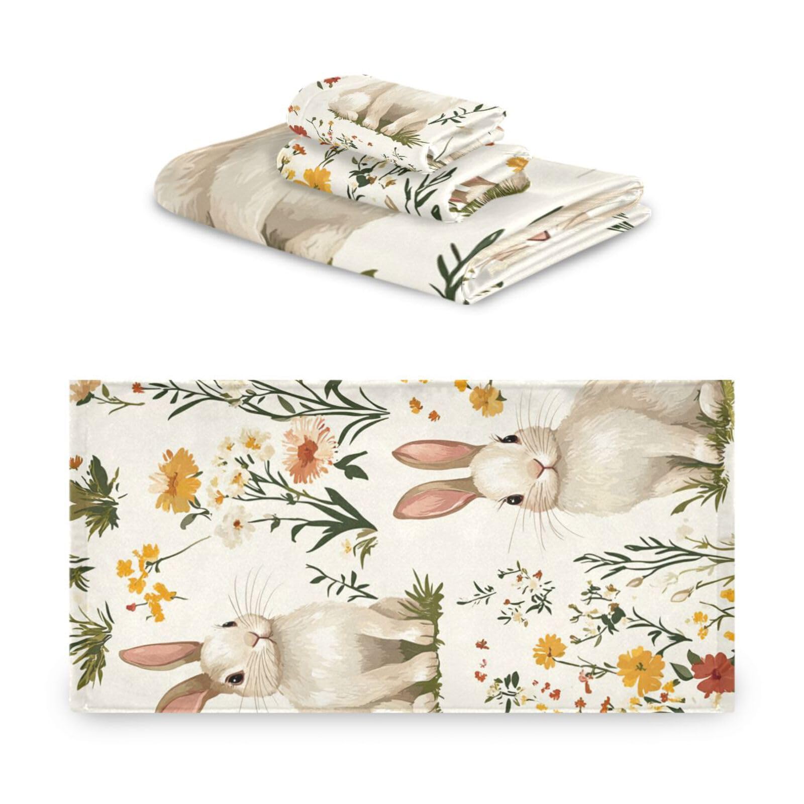 Set di 3 asciugamani per la pulizia del viso con conigli e fiori, 1 asciugamano da bagno, 1 asciugamano per le mani, 1 panno per il corpo e il viso da bagno