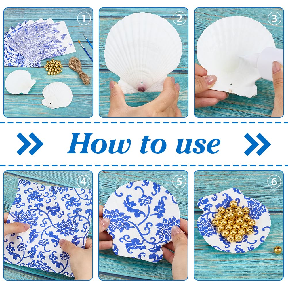 PH PandaHall 12 Set Kit Decoupage Conchiglie di Capesante Grandi Conchiglie Naturali con 24pz Carta per Decoupage 10m Corda 2pz Pennelli 30pz Perline Dorate per Artigianato Fai Da Te