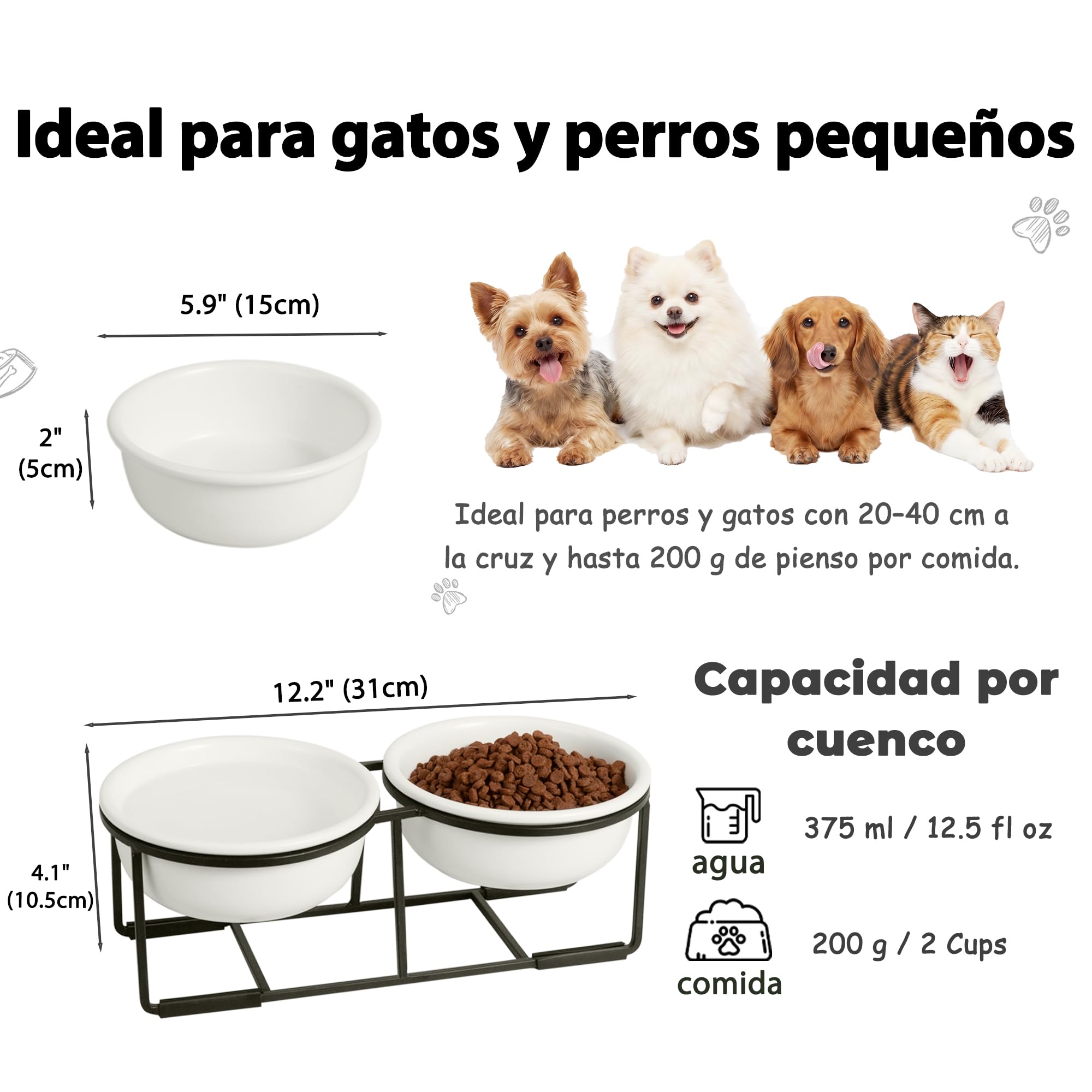 Comedero Perro Elevado de Cerámica - Juego de Cuenco Perro con Soporte de Metal Antideslizante - Comedero y Bebedero Perro - Platos para Perros - Bol Doble para Cachorros y Gatos - 2 x 375 ml - Blanca