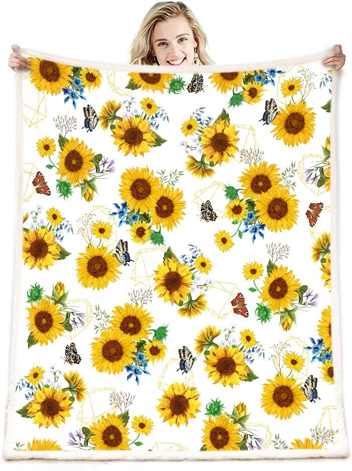 Sunflower Sherpa Throw Blanket - Soft Warm Dual-Sided Milk Fleece Floral Blanket for Couch Sofa Bed - Yellow Farmhouse Home Decor, Cozy Gifts for Women Mom Grandma, 50" x 60" - Image 3
