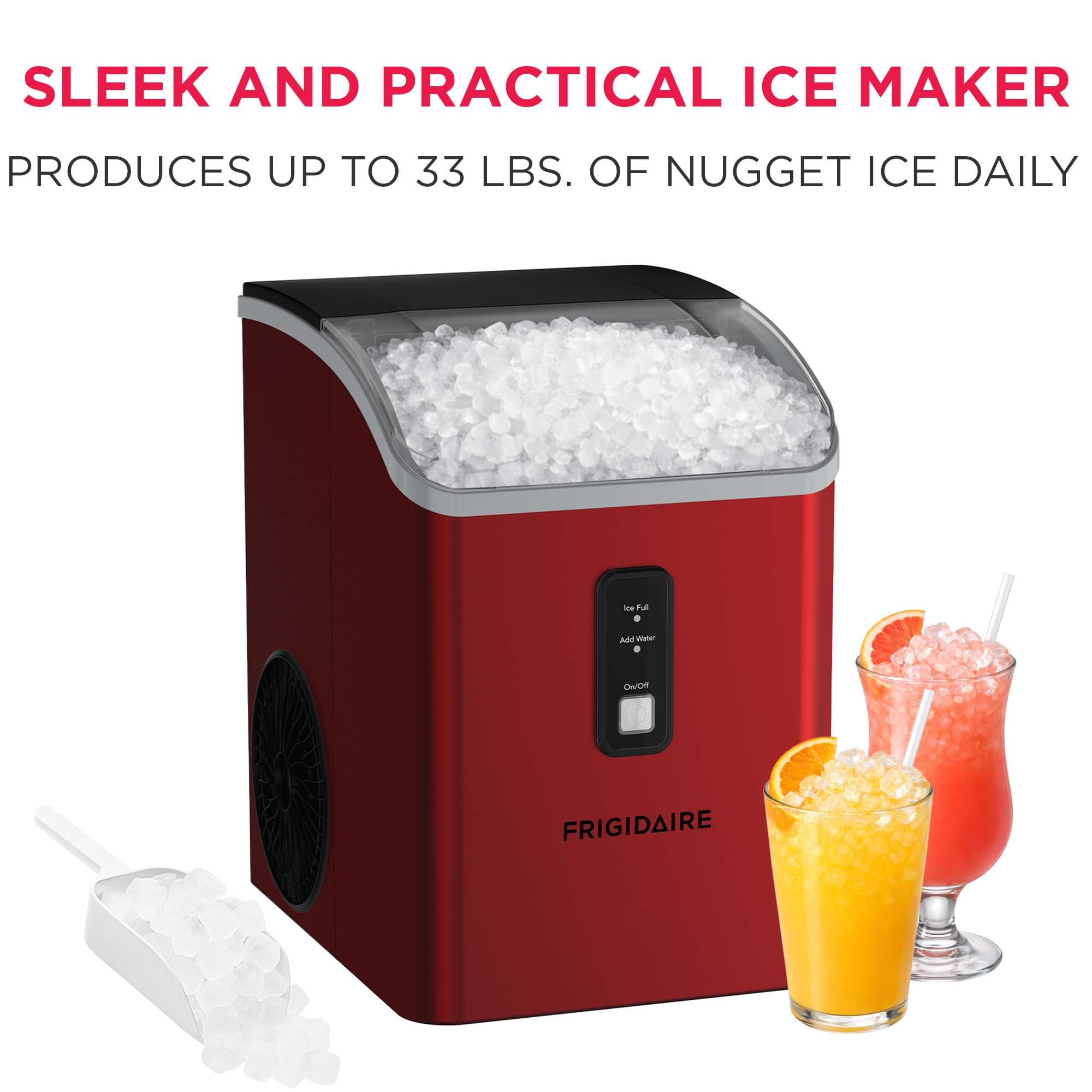 Frigidaire Countertop Crunchy Chewable Nugget Ice Maker, Compact, 33lbs per Day, Red Metallic Finish on Fridge.com