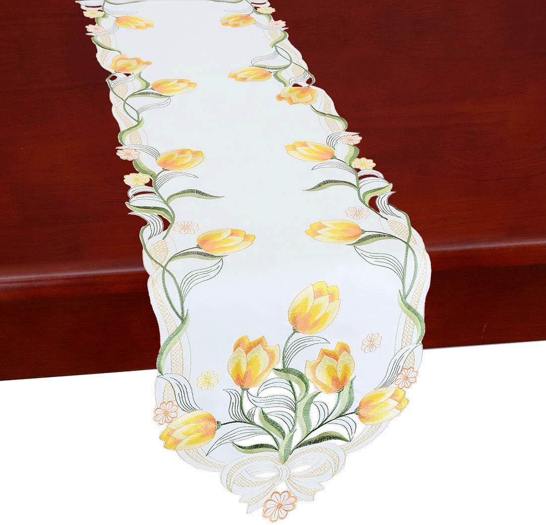 Simhomsen Embroidered Tulip Table Runners, Spring Floral Table Linens (Yellow, 13 × 106 Inch)