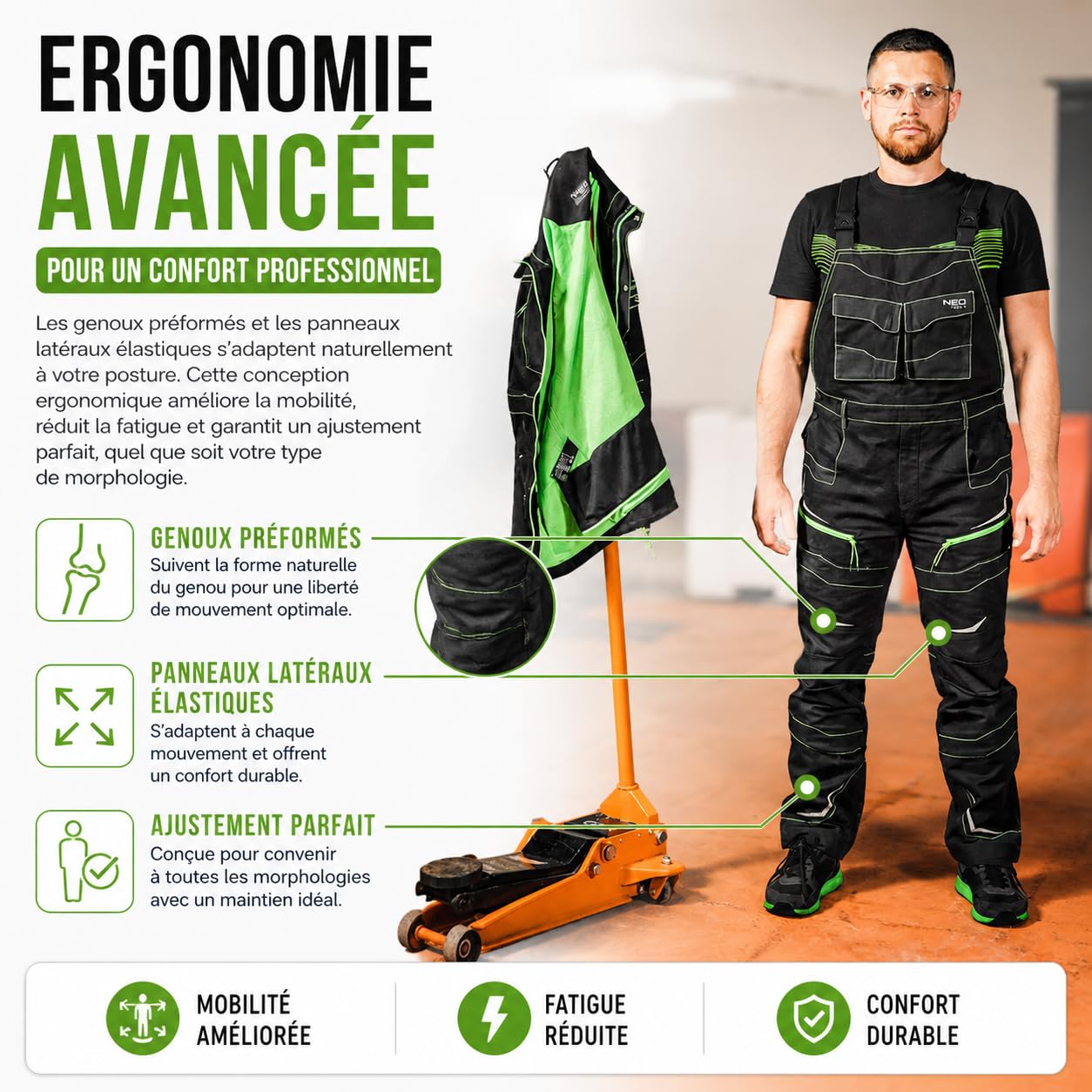 NEO TOOLS Pantalon à bretelles Pro de qualité supérieure, 100% toile de coton, 425 g/m², renfort en Cordura NYCO sur les poches, les genoux, l'arrière et le bas des jambes