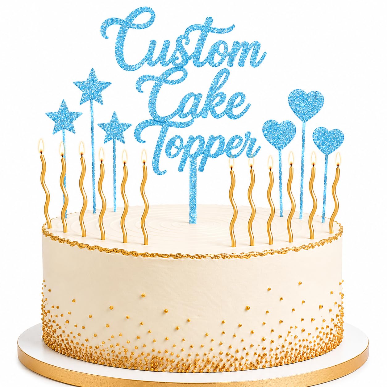 ZMR personalised birthday glitter acrylic cake toppers 3MM with heart & star sticks and candles (Blue)