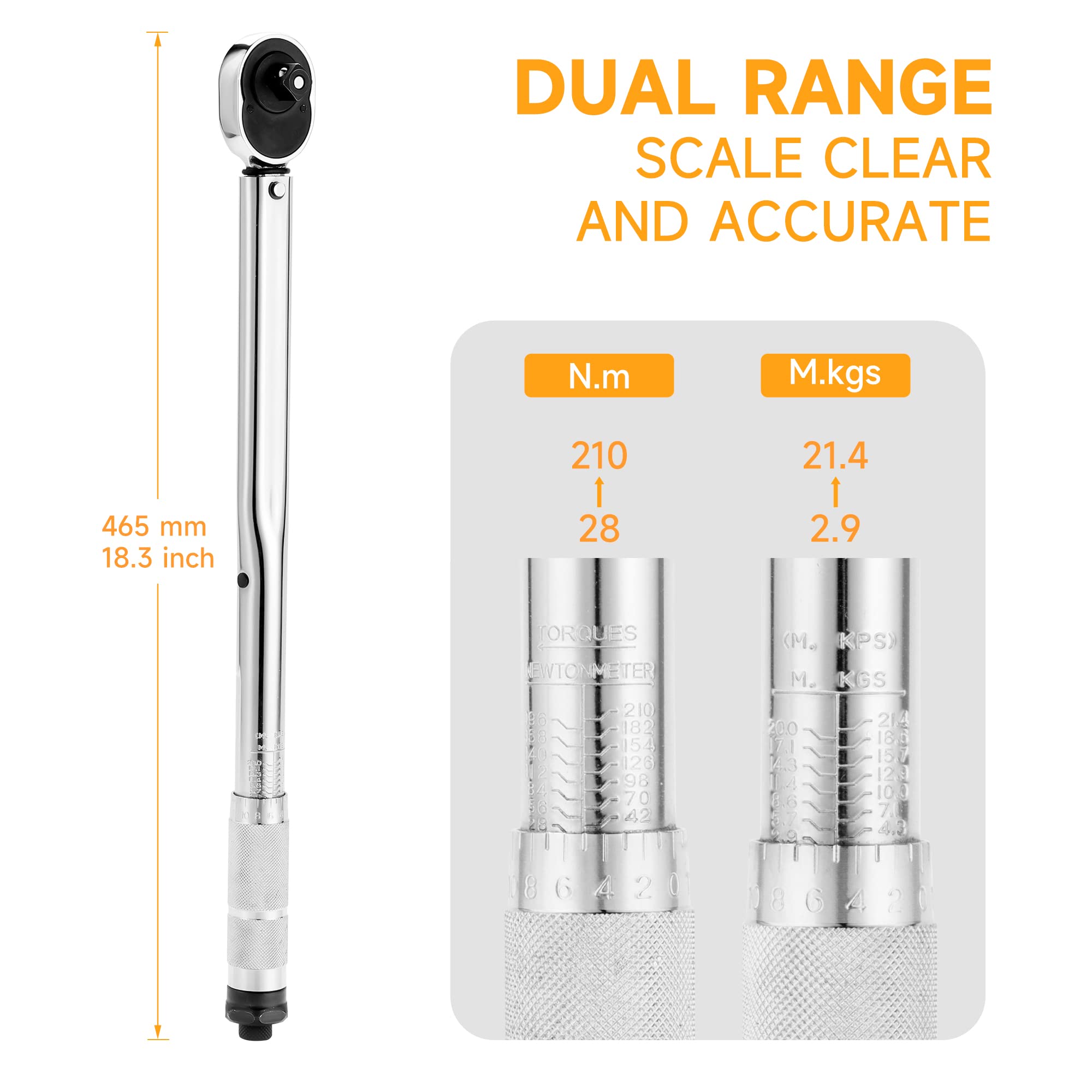 Hoteche Chiave dinamometrica 1/2" 28-210Nm con cricchetto a leva e tubo in acciaio per un serraggio preciso di viti e dadi