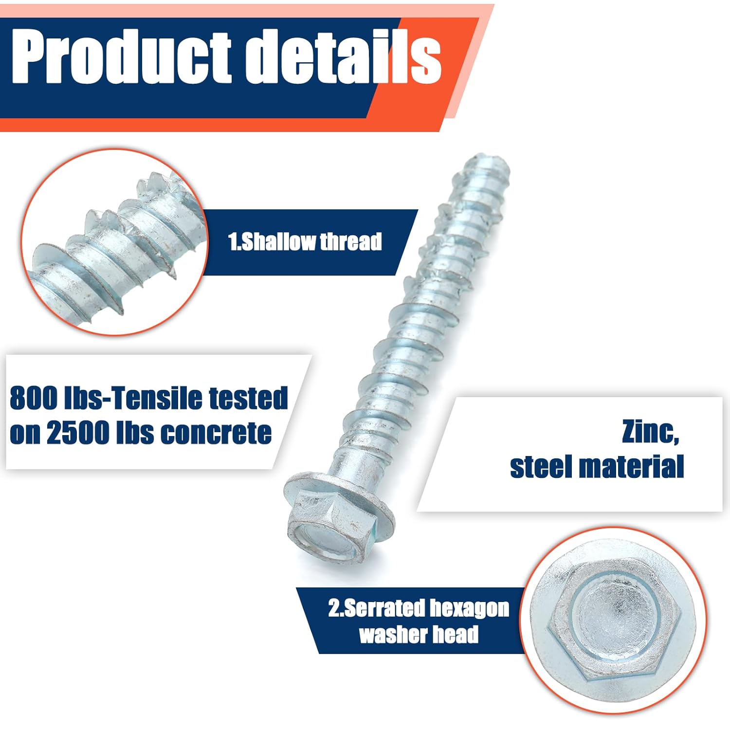 Tandefio 50 Pack 1/4" x 2" Concrete Screw Anchor Galvanized Large Diameter Heavy Duty Plated Concrete Anchors for Masonry Brick Anchoring Block Decking Framing Hex Drive