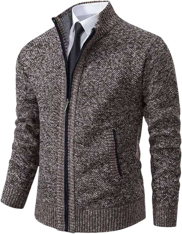 Men's Color Blocked Stand Up Collar Zipper Spliced Knitted Cardigan Jacket Solid Color Casual Loose Business Sweater Jacket