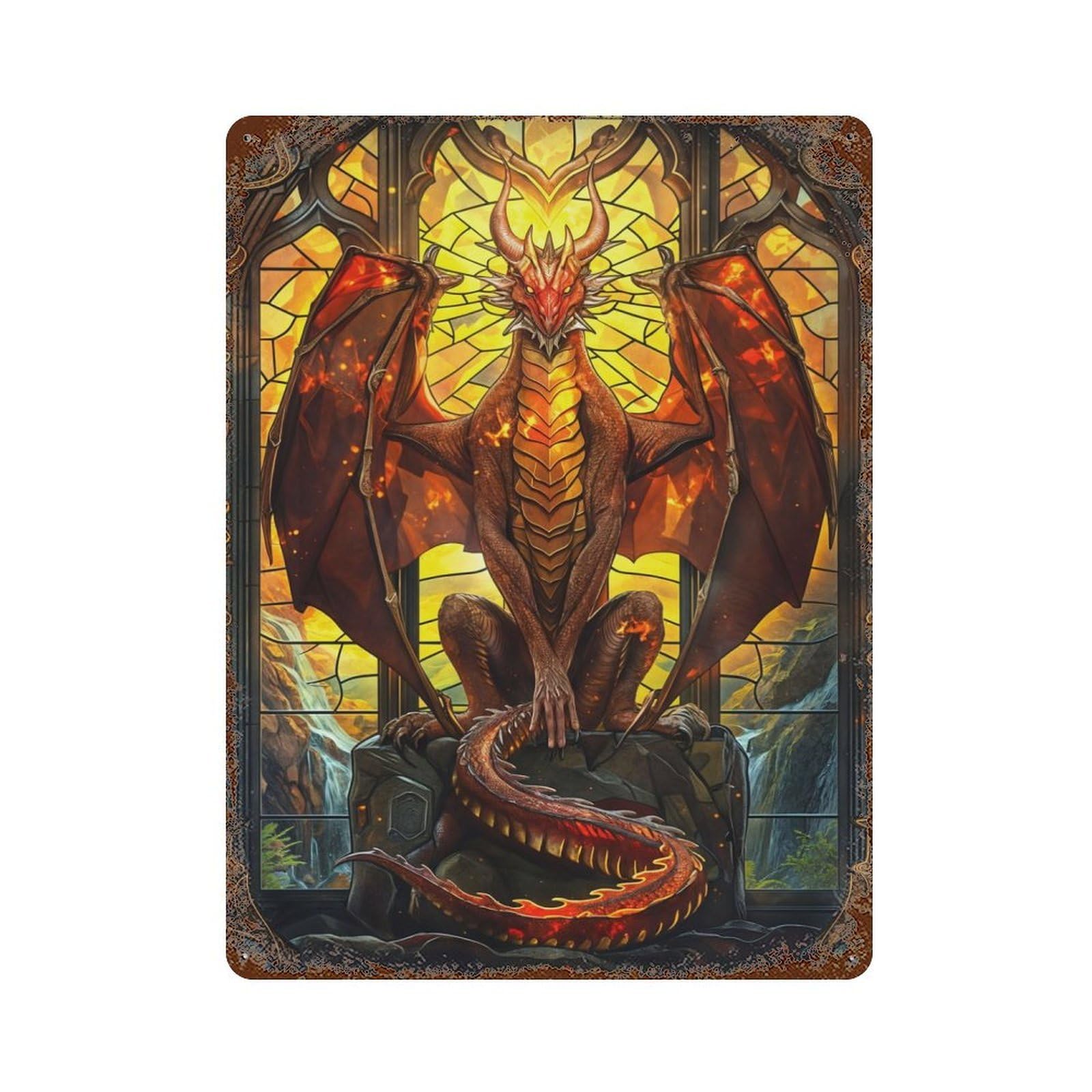 Crimson Blaze Dragon Rustic Tin Plaque 15.7"x11.8", Industrial Home Decor for Pub, Kitchen And Man Cave Decor