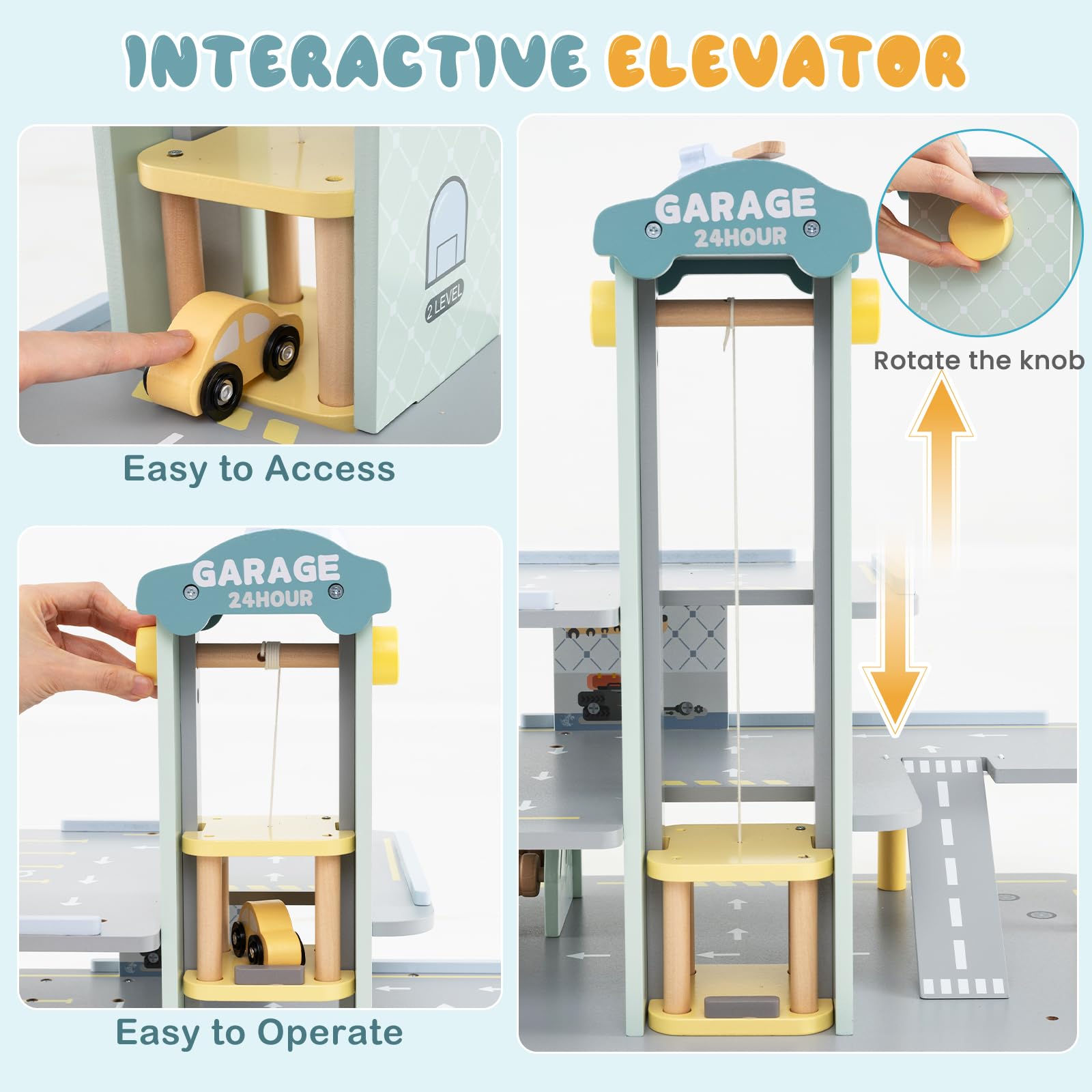 HOMASIS Set di garage a 3 piani, parcheggio in legno con 4 auto, eliporto, stazione di servizio, ascensore, lavaggio auto, garage giocattoli di ruolo per bambini dai 3 anni in su, 50 x 40 x 47 cm,