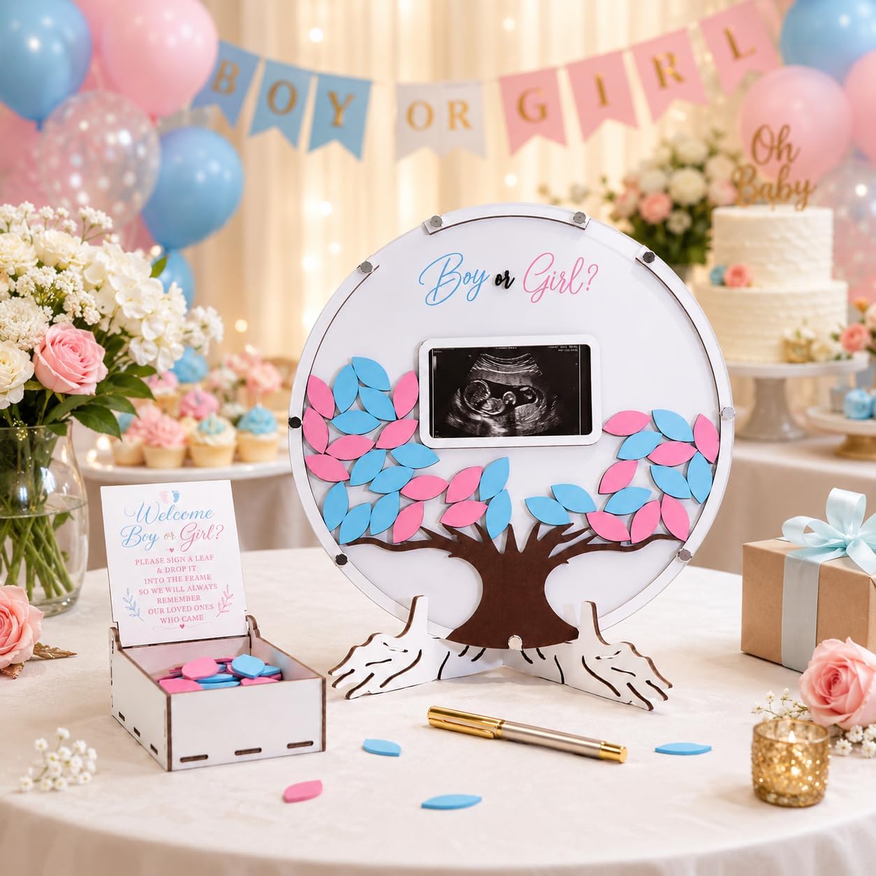 63PCS Gender Reveal Guest Book, Baby Shower Sign in Guest Book with Ultrasound Photo Display, Boy or Girl Voting Game, Wooden Keepsake Box, Stand & Pen