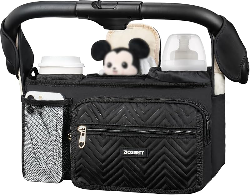 Universal Stroller Organizer with Insulated Cup Holders,Large Capacity Non-Slip Stroller Caddy Bag Fits for Uppababy/Doona/Jogger/Britax/Mompush/BoB with Anti-Sag Hard Bottom and Wet Wipes Pocket