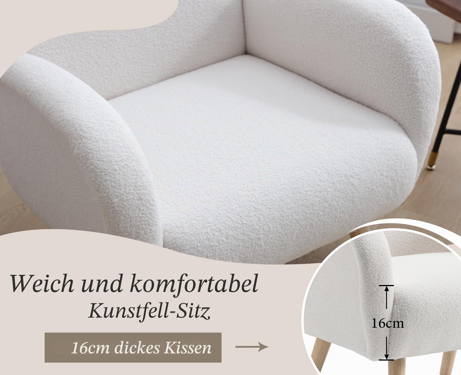 chairus Kunstfell Loungesessel Ohrensessel für Wohnzimmer Polstersessel Einzelsofa für Schlafzimmer Akzentstuhl Relaxsessel mit Holzbeinen (Weiß)