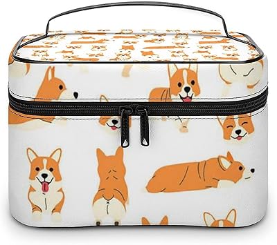 Amazon メイクボックス 化粧ポーチ 犬柄 コギー犬 萌え コスメボックス メイクブラシバッグ メイクケース メイクポーチ コスメケース 洗面用具ポーチ バニティケース 大容量 小物入れ 化粧品収納 化粧箱 持ち運び プロ用 通勤 出張 旅行用 ポーチ