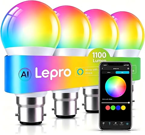 Lepro B22 AI Smart Bulb, 1100lm Bayonet WiFi Light Bulb, 10W=75W, 4 Pack